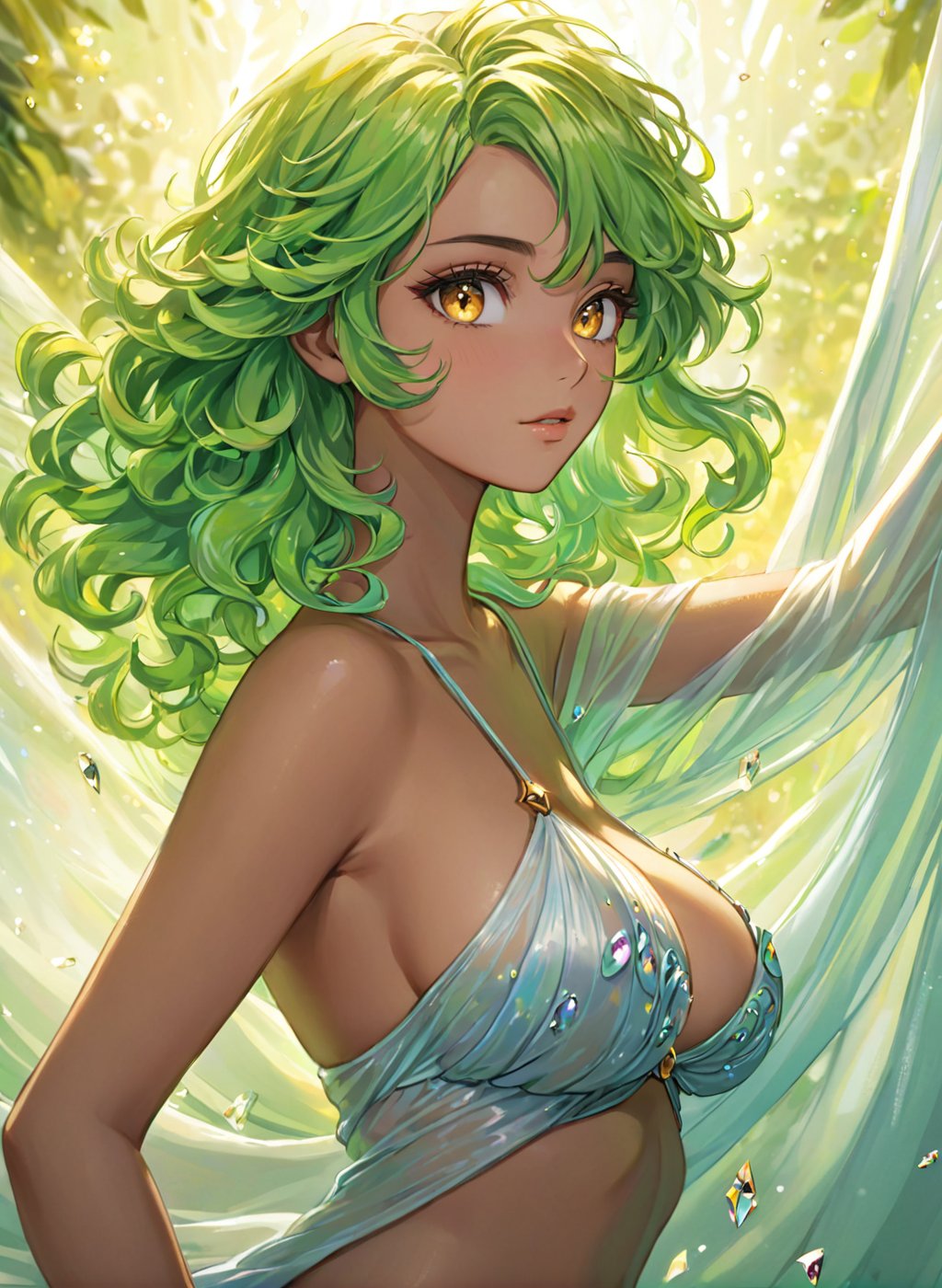 (masterpiece), best quality, highres, 4k, 8k, intricate detail, cinematic lighting, amazing quality, amazing shading, soft lighting, Detailed Illustration, official artwork, anime style, wallpaper, official art, ultra detailed skin, ultra detailed face, perfect eyes, small skin imperfections, 1girl, Curly hair, medium boobs, Busty body, golden eyes, Lime green hair, Abstract style hauntingly ethereal portrait of a mysterious figure draped in translucent fabric,crystals adorning their hair,amidst a dreamlike swirl of pastel hues and soft light,evoking a sense of calm serenity and elusive beauty,high detail,award winning masterpiece with incredible details . Non-representational,colors and shapes,expression of feelings,imaginative,highly detailed