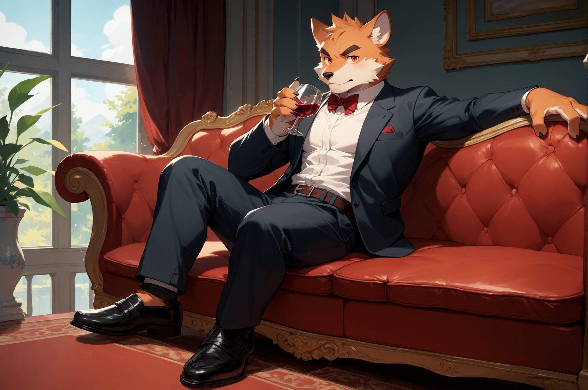 score_9,score_8_up,score_7_up,furry,kemono,high quality,full body,tail,furry,rating_explicit,embedding:zPDXL2 BREAK anthro male furry,solo,Premium bar,crystal,sofa,drinking red wine,holding red wine in hand,look at viewer,contempt,suit,luxury,VIP private room,leather shoes,