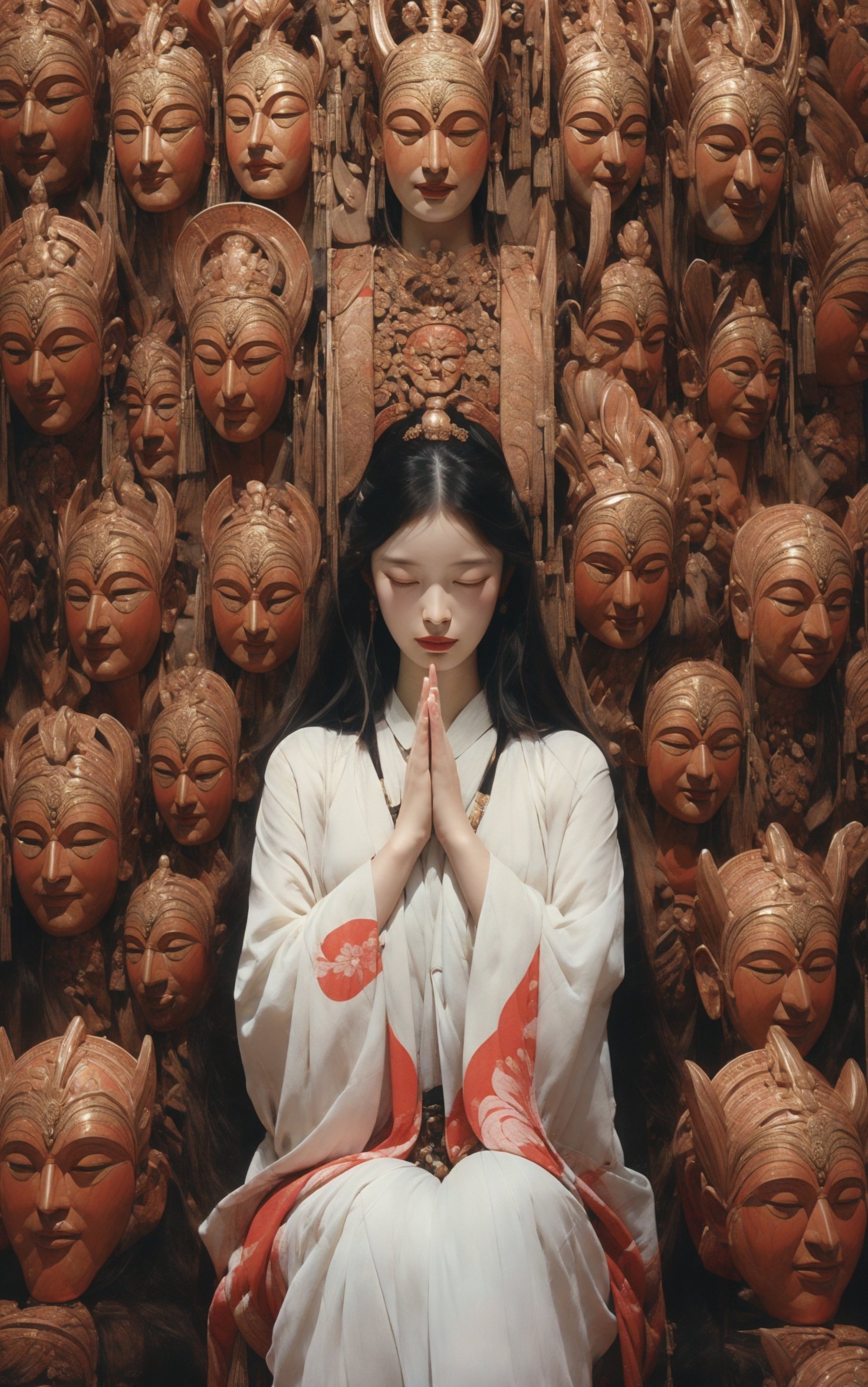 a woman meditating in front of lots of masks, in the style of zhang jingna, photomontage, hirohiko araki, oriental, sergio toppi, theatrical, poster art， <lora:绪儿已成精-佛:0.8>