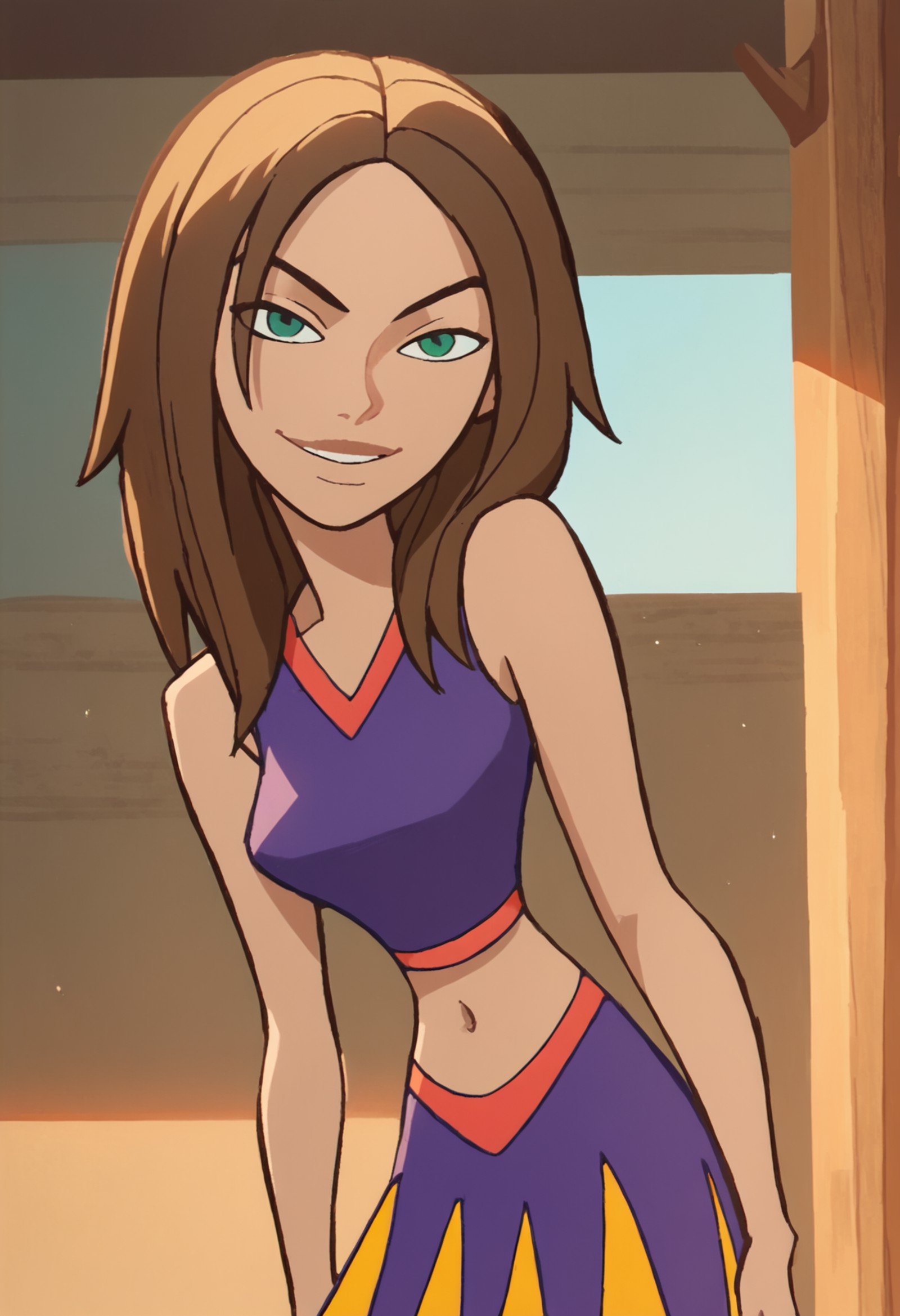 bonnie, 1girl, brown hair, solo, cheerleader, long hair, green eyes, midriff, smile, navel, bare shoulders, sleeveless, light smile,indoors, looking at viewer, <lora:BonniePony1.0:1.0>, score_9, score_8_up, score_7_up, score_6_up, score_5_up, score_4_up 