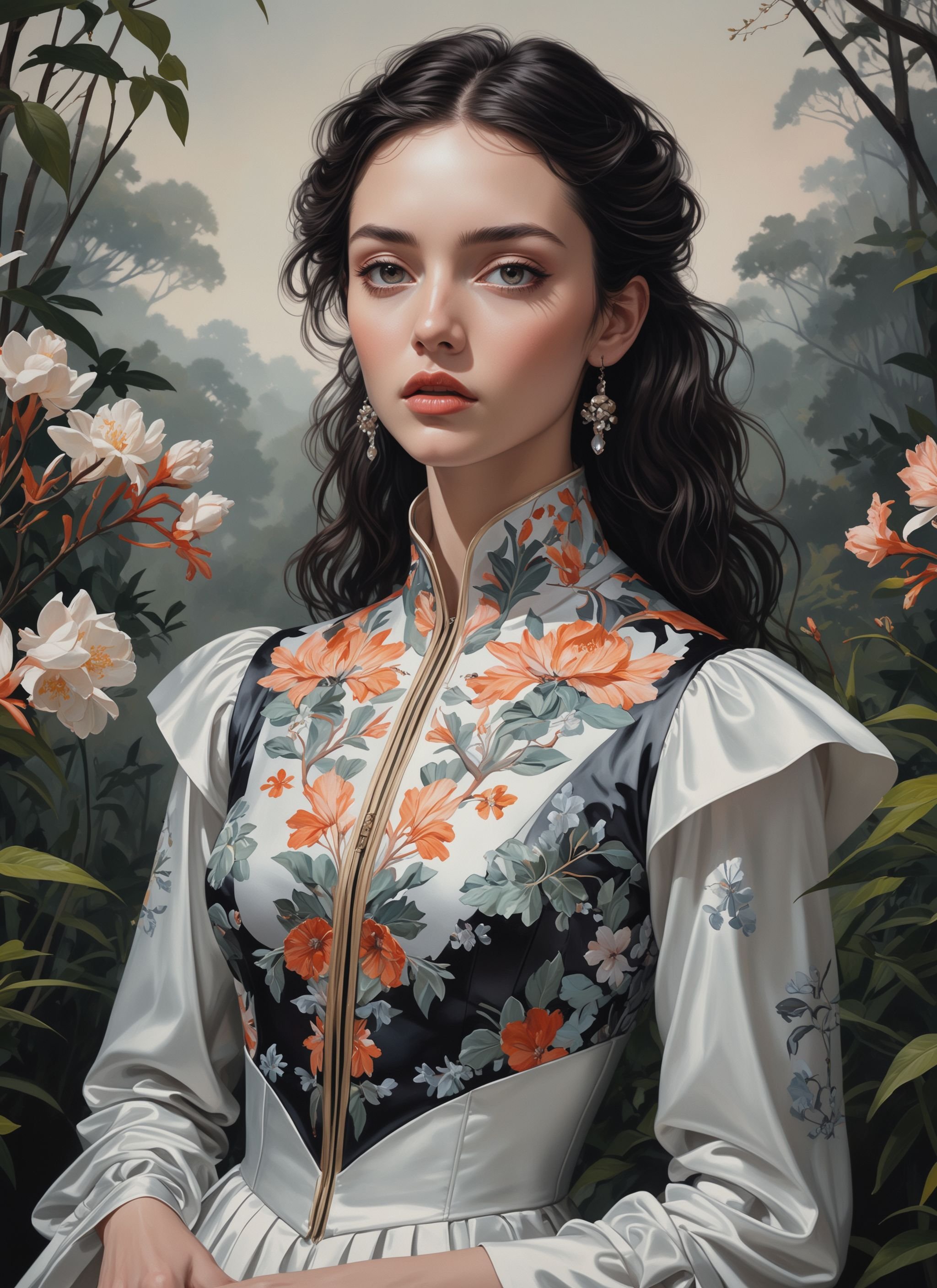 Medium format oil painting, (Nature's beauty captured by Josan Gonzalez:1.2), Detailed representation, Sharp focus, (Modern fashion editorial:1.3), Contemporary style, 17th-century neckline, (Ethereal atmosphere:1.2), Precise brushwork, Unique fashion fusiont