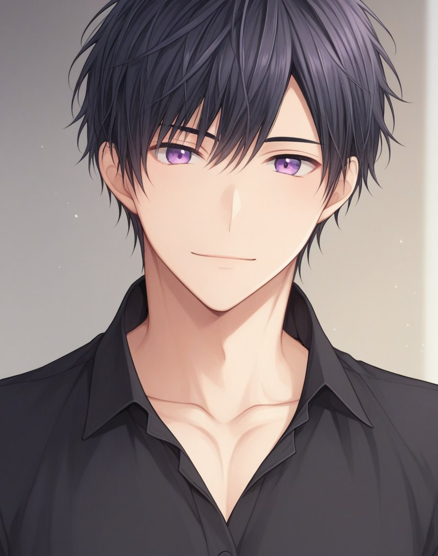 <lora:Masaki Maki Style:0.9>, score_9, score_8_up, score_7_up, rating_safe, depth of field, ((1boy, solo, male only, male focus, upper body)), black hair, purple eyes, short hair, black shirt, collared shirt, happy, looking at viewer, facing viewer, collarbone, bedroom,