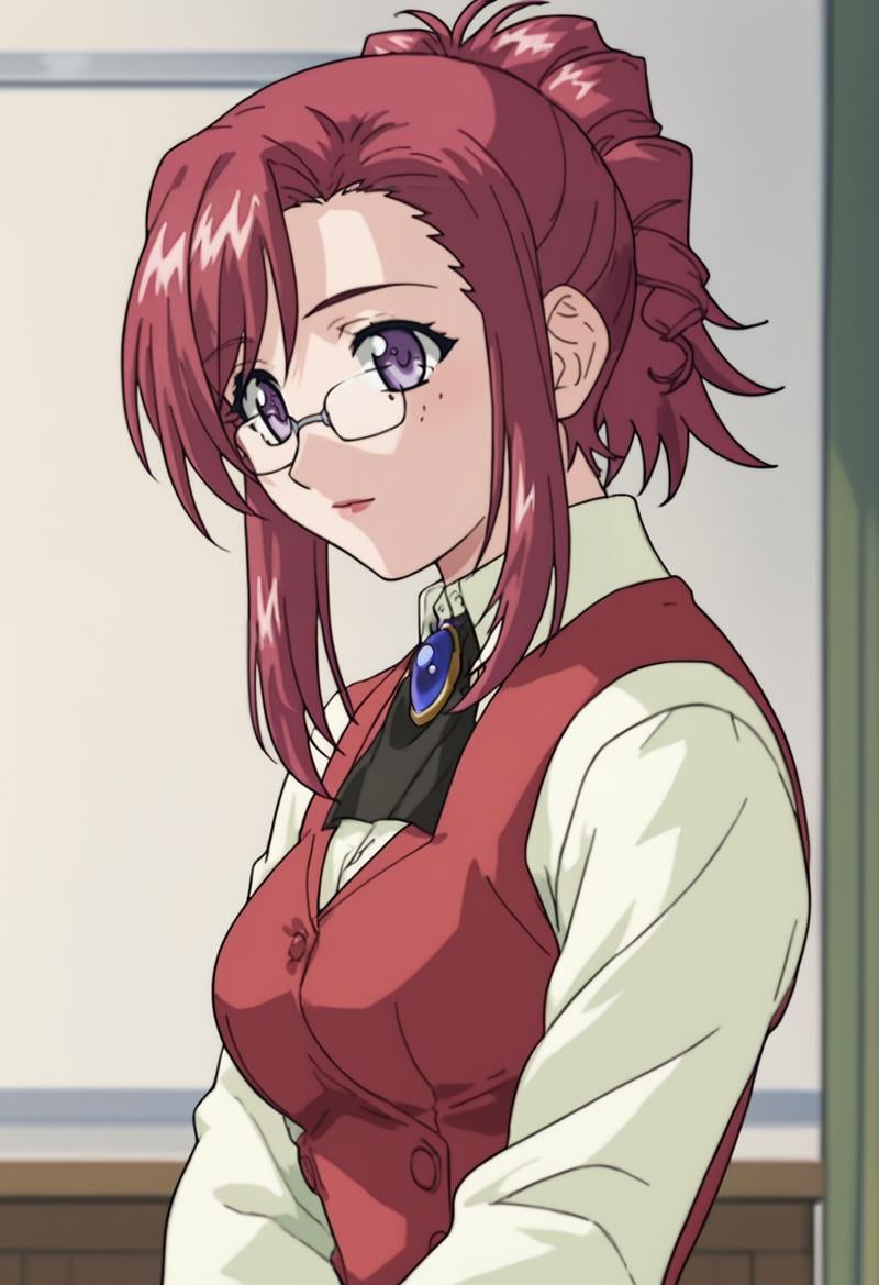 source_anime, score_9, score_8_up, score_7_up, white background,  1girl, solo, cowboy shot,   <lora:KazamiMizuho:0.8> kazami mizuho, glasses, ponytail, teacher, vest, brooch