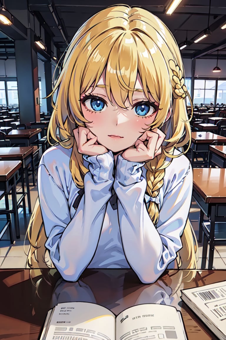 best quality, high resolution, distinct image, hyper-detailed, Cinematic light, intricate_detail, highres, official art, finely detailed beautiful face, high-resolution illustration, 8k, dark intense shadows, overexposure, 1girl, solo, (yellow hair:1.4), long hair, wavy hair, ((braid bang)), blue eyes, slender, [medium|small breasts], [[bursting breast]], (sweater:1.3), chin up, ((one hand on own chin)), arms on the desk, indoors, ((cafeteria)), (coffee on the table:1.3), (books on the table:1.2), winter, snowy, snow, city view, limited palette, (arm + hand + 1_thumb), Five fingers each, perfect hands, cats