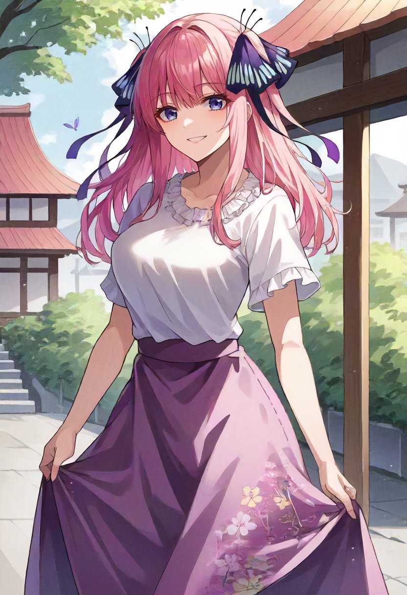 score_9, score_6_up, source_anime, 1girl, solo, cowboy shot, japanese town, nakano nino, pink hair, butterfly hair ornament, white shirt, frilled shirt, purple skirt, long skirt, floral print, light smile <lora:quintessential_quintuplets_sdxl_pony:0.8>