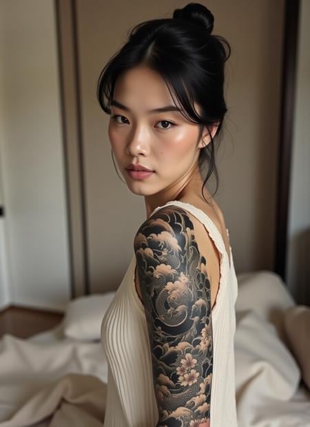 A serene depiction of a beautiful woman in a minimalist room, showcasing her traditional Japanese full-sleeve tattoo of dragons and flowers. A close-up perspective highlighting her tattoo and tranquil expression, soft neutral colors in the background. Gentle diffused light adds a calm atmosphere to the scene. <lora:Japanese_style_full_sleeve_tattoo-000001:1>