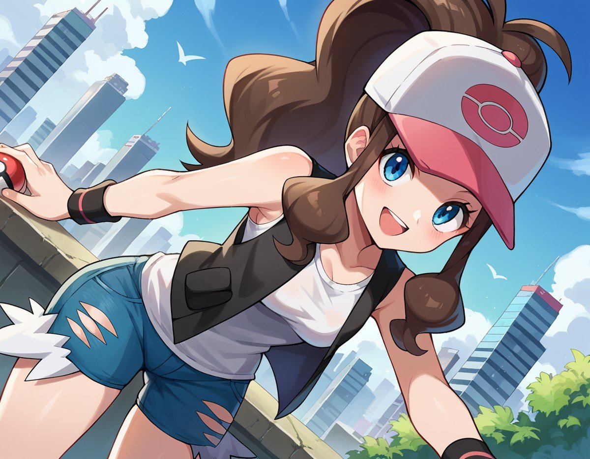 score_9, score_8_up, score_7_up, source_anime,pokemonhilda, <lora:pokemon-hilda-ponyxl-lora-nochekaiser:1>pokemonhilda, blue eyes, brown hair, long hair, ponytail, smile,baseball cap, blue shorts, denim, hat, shorts, vest, wristband, sleeveless, black vest, white shirt, shirt,outdoors, cityscape, bent over,looking at viewer, dutch angle, cowboy shot,