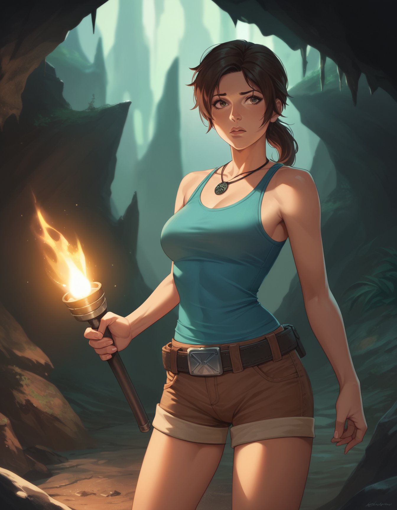 score_9, score_8_up, score_7_up, score_6_up, score_5_up, score_4_up, source_anime,1girl, solo, lara croft, worried, tank top, shorts, belt, holding torch, dark, cave