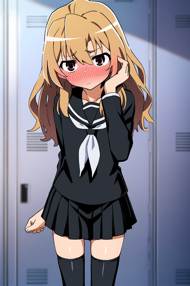 score_9, score_8_up, score_7_up, source_anime, rating_safe BREAK1girl, aisaka taiga, brown eyes, looking away, shy, full face blush, blush lines, flat chest, black serafuku, black skirt, black shirt, black thighhighs, white neckerchief, (hand on own hair), perspective shot, detailed background, locker room