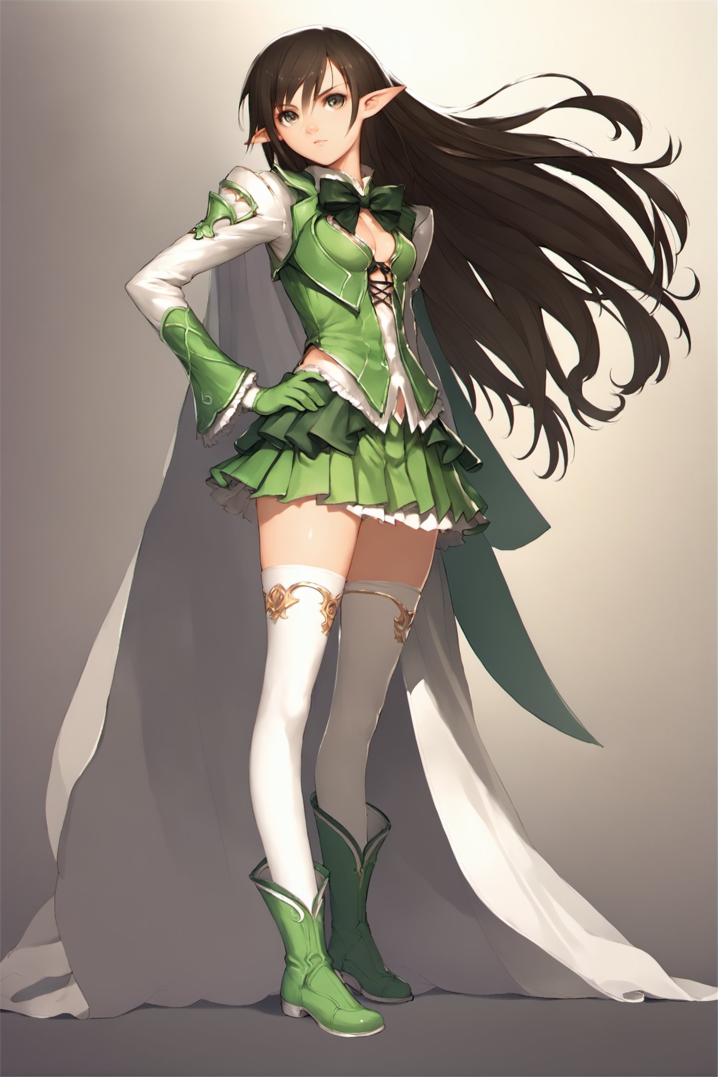 1girl,solo,thighhighs,pointy ears,boots,long hair,black hair,brown hair,zettai ryouiki,white thighhighs,skirt,green gloves,hand on hip,standing,score_8_up,score_7_up,<lora:TONY_XL_PONY:1>,