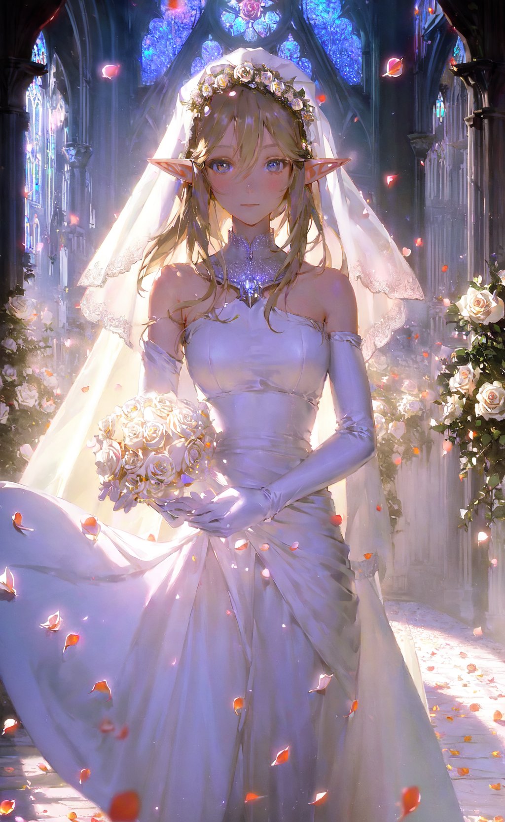 masterpiece, best quality, 1girl, elf bride, white flowing bridal dress, (rose petals:1.3), church, sunbeam, volumetric lighting, portrait, sparkle 