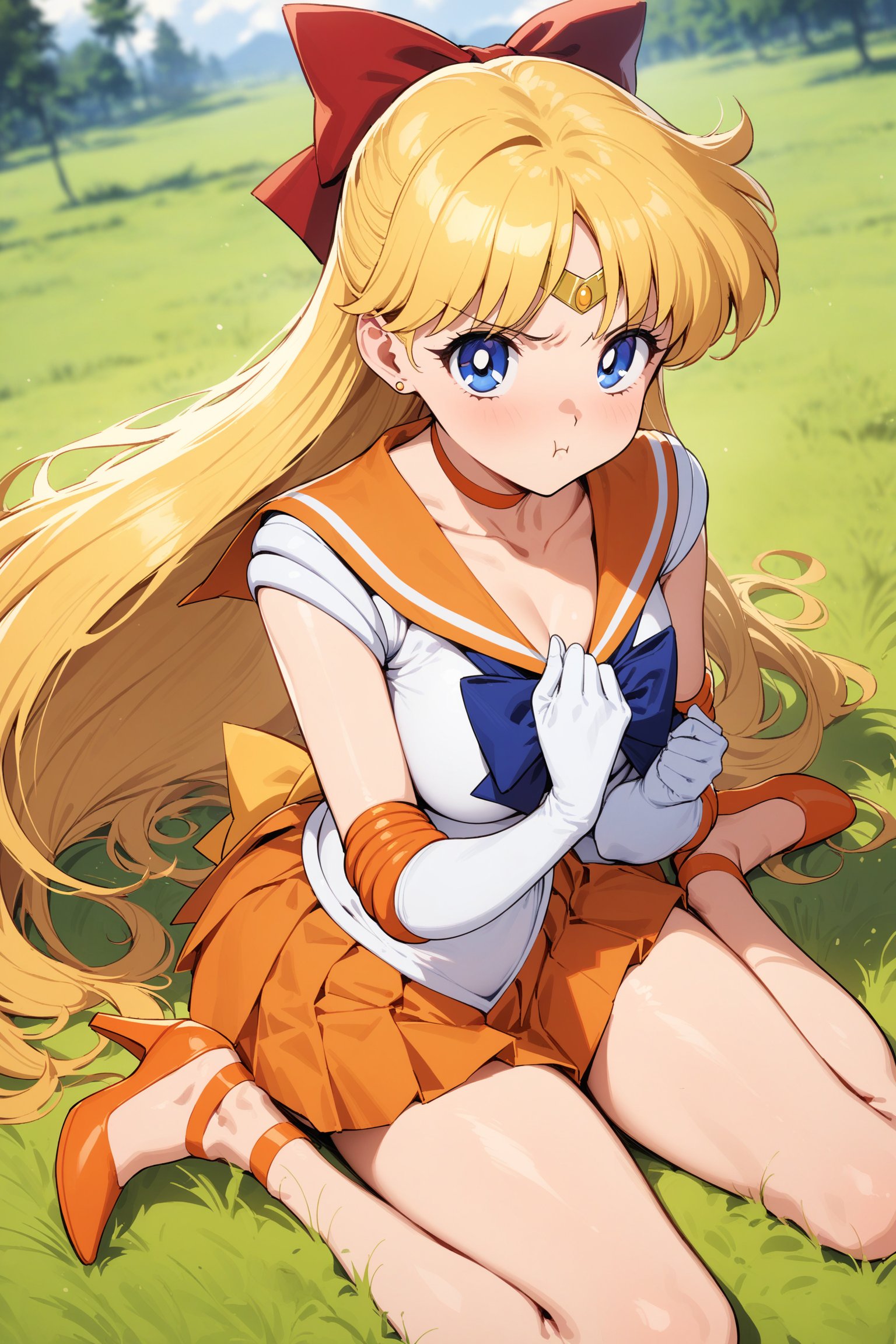 masterpiece, best quality, very aesthetic, absurdres, aavenus, long hair, blonde hair, hair bow, tiara, blue eyes, earrings, orange choker, collarbone, orange sailor collar, blue bowtie, white shirt, white leotard, elbow gloves, white gloves, pleated skirt, orange skirt,  <lora:sailor_venus_XL_v1(anima):0.9>, high heels, wariza, grass, pout