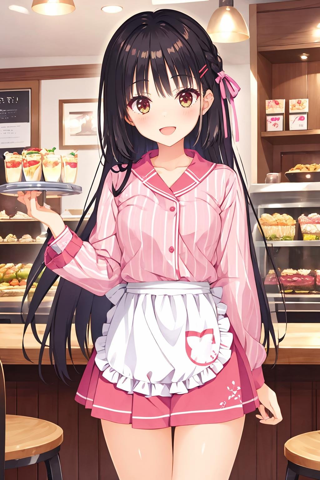 16k, highres, masterpiece, best quality, poster \(medium\), promotions, a girl in cafe, smile, :D,sntm, 1girl,very long hair, bangs, sidelocks, hair ribbon, braid, medium breasts,<lora:natsume_v1:0.7>waitress, pink  striped shirt, pink pleated miniskirt, waist apron, no headwear,  