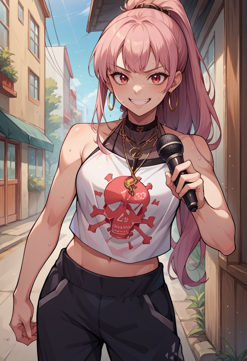 score_9, score_8_up, source_anime, 1girl, solo, MoriStreetwear, long hair, ponytail, necklace, hoop earrings, white halter shirt, sleeveless, skull print, midriff, black sweatpants, outdoors, holding microphone, rapping, sweat, smile, :d, <lora:CHAR-MoriCalliopePonyXL:1>