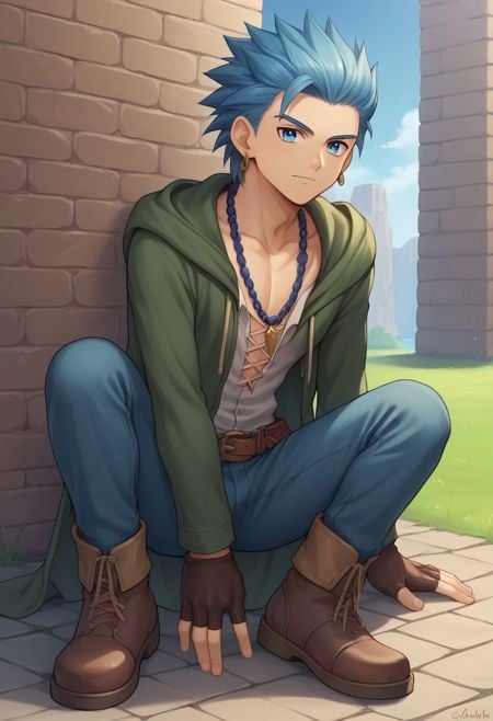 score_9, score_8_up, score_7_up, source_anime, highly detailed, 1boy, solo, male_focus, half body,erik, solo, 1boy, male focus, jewelry, earrings, blue hair, necklace, gloves,fingerless gloves, blue eyes, pants, spiked hair, full body, brown gloves,brown footwear,outdoor, 