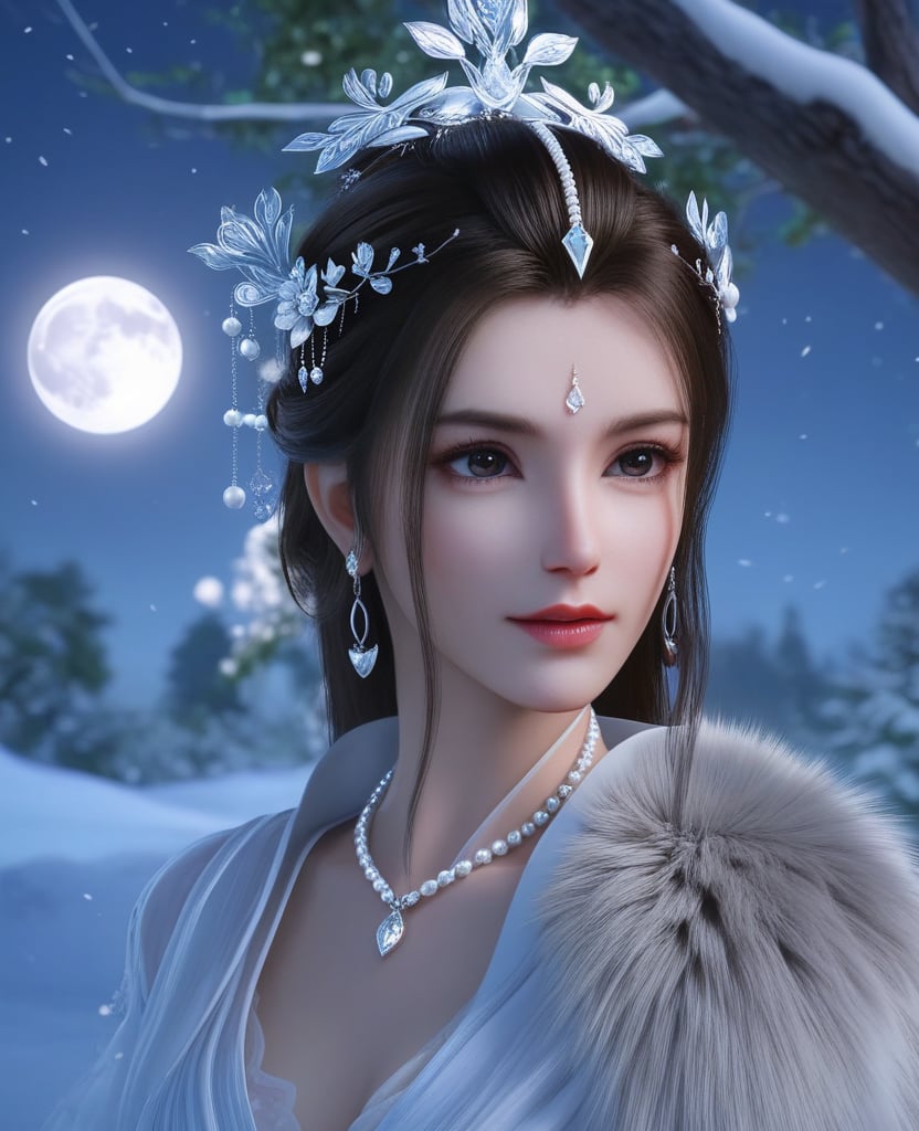 <lora:612-DA-XL-少年白马醉春风-玥瑶:0.8>(,1girl, ,best quality, ),looking at viewer,  ultra realistic 8k cg, picture-perfect face,   clean, masterpiece,     cinematic lighting, cinematic bloom, fantasy,  , unreal, science fiction, ((,1girl, pov,))(((,tree, 1girl, full moon,snowing,snow ,solo,     solo focus,  long_hair, looking_at_viewer,  )))  (rich:1.4,)     prestige, luxury, jewelry, diamond, gold, pearl, gem, sapphire, ruby, emerald, intricate detail, delicate pattern, charming, alluring, seductive, erotic, enchanting, hair ornament, necklace, earrings, bracelet, ,