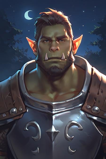 score_9, score_8_up, score_7_up, solo, male focus, mature male, orc, green skin, tusks, beard, outdoors, armor, looking at viewer, shoulder armor, breastplate, upper body, closed mouth, pauldrons, night, night sky, standing <lora:Smooth Style 2 SDXL_LoRA_Pony Diffusion V6 XL:1>