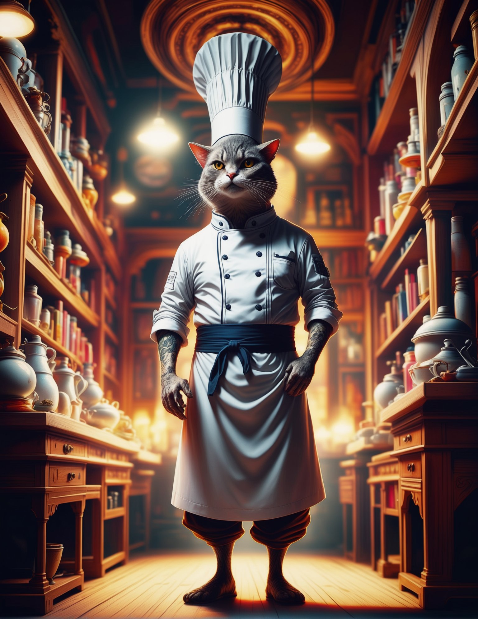 Wide angle weirdcore illustration, (Solo figure in Chef's Apron and Hat:1.3), Off-center composition, Standing pose, (Long-sleeved attire:1.2), Grand Libraries with Spiral Staircases setting, Artistic whisker details, Casual yet captivating.<lora:Humanizer XL:1>(hmnzct Bilby:1.3),