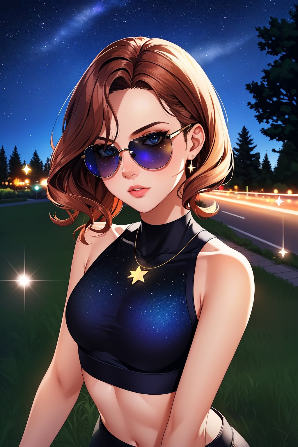 from_above, crop top, detailed face, bodycon tank top, hair, park, sky, trees,, moonlight, stars, 1girl, statement sunglasses, woman,petite, vivid colors, bokeh background, subject for emphasis,dramatic colors,