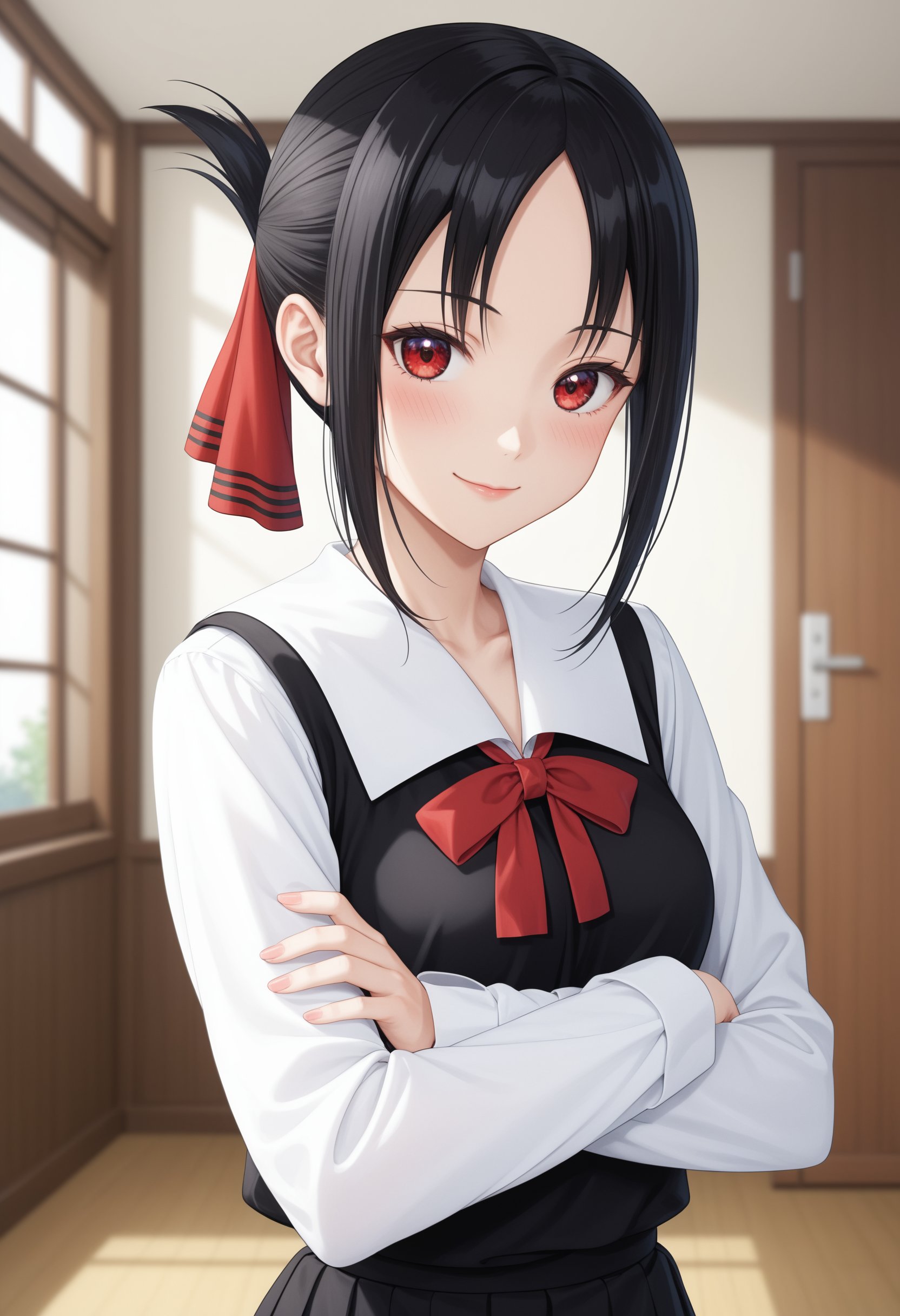 score_9, score_8_up, score_7_up, source_anime,1girl, shinomiya kaguya, kaguya-sama wa kokurasetai ~tensai-tachi no renai zunousen~, red eyes, black hair, parted  bangs, shuuchiin academy school uniform, smile, crossed arms, blush, looking at viewer, indoors,