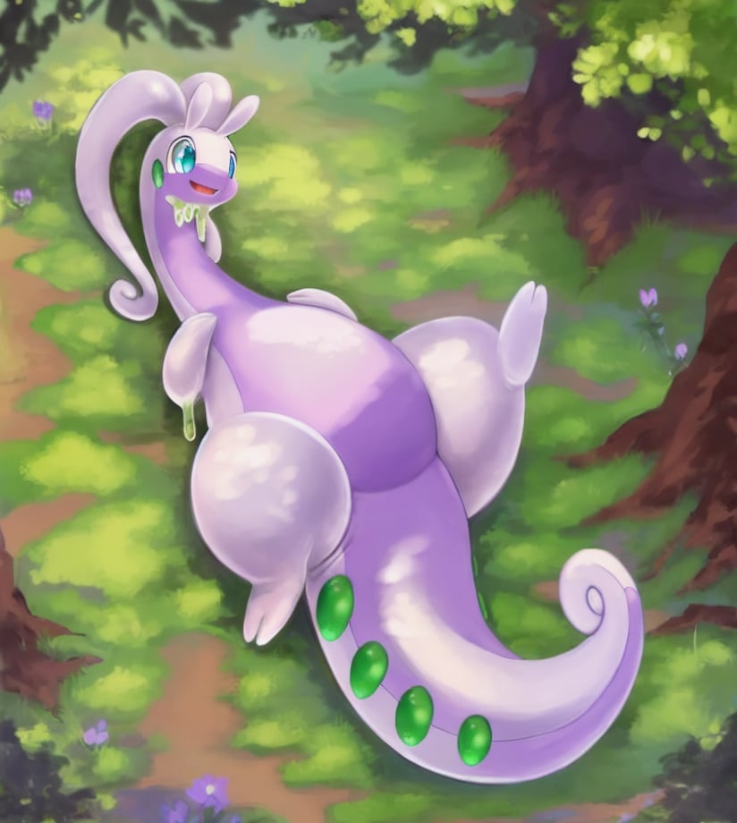 Masterpiece,high quality,beautiful landscape,a goodra,pokemon \(creature)\,lying down,happy,shy,tongue,no human, Purple Belly,spread leg,tail weging,leg lift,