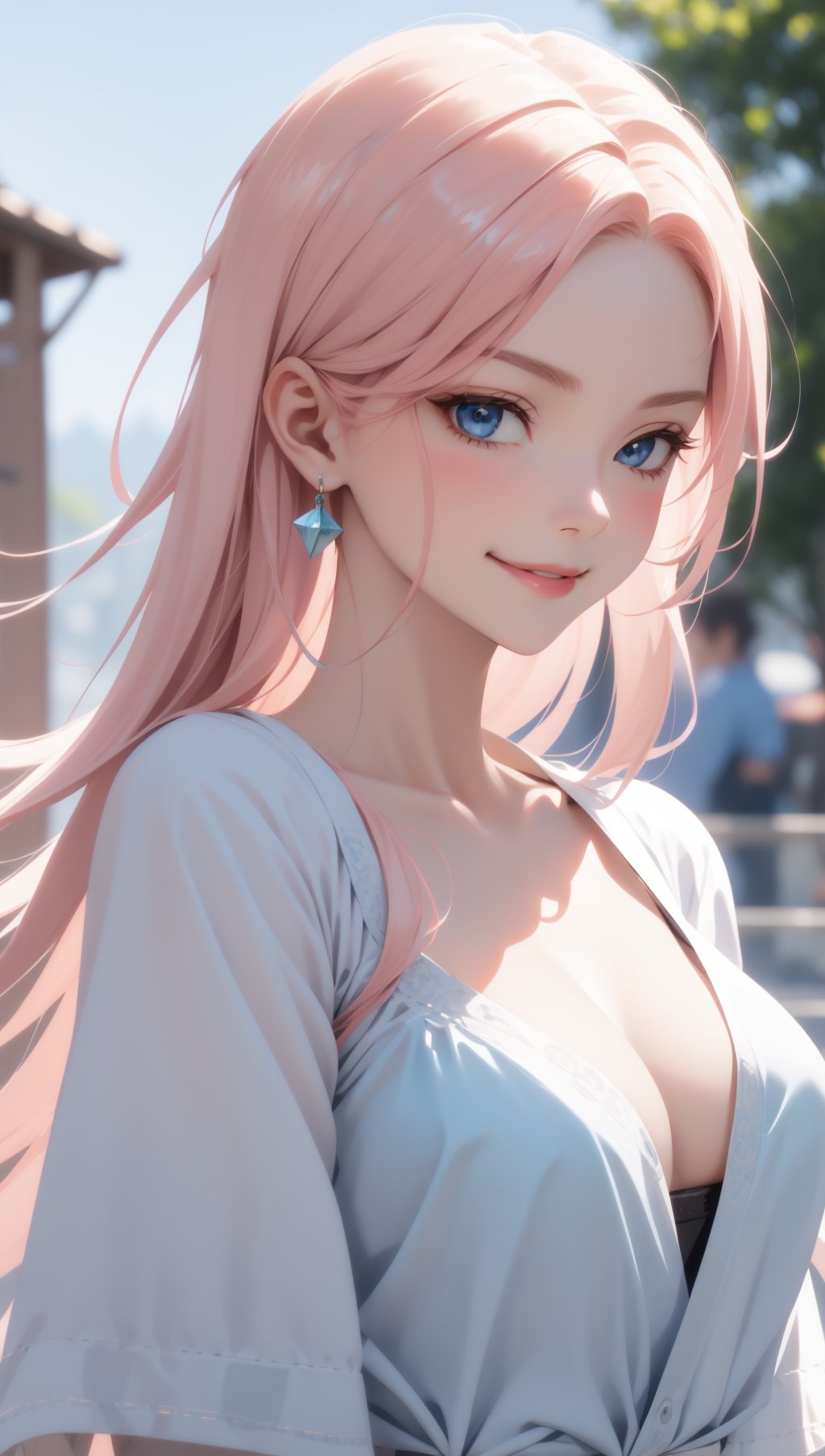 intricate details, thin, ((slim)), beautiful girl, Light pink hair, white skin, light blue eyes, sharp jawline, upper body, smirk, suburban scenery