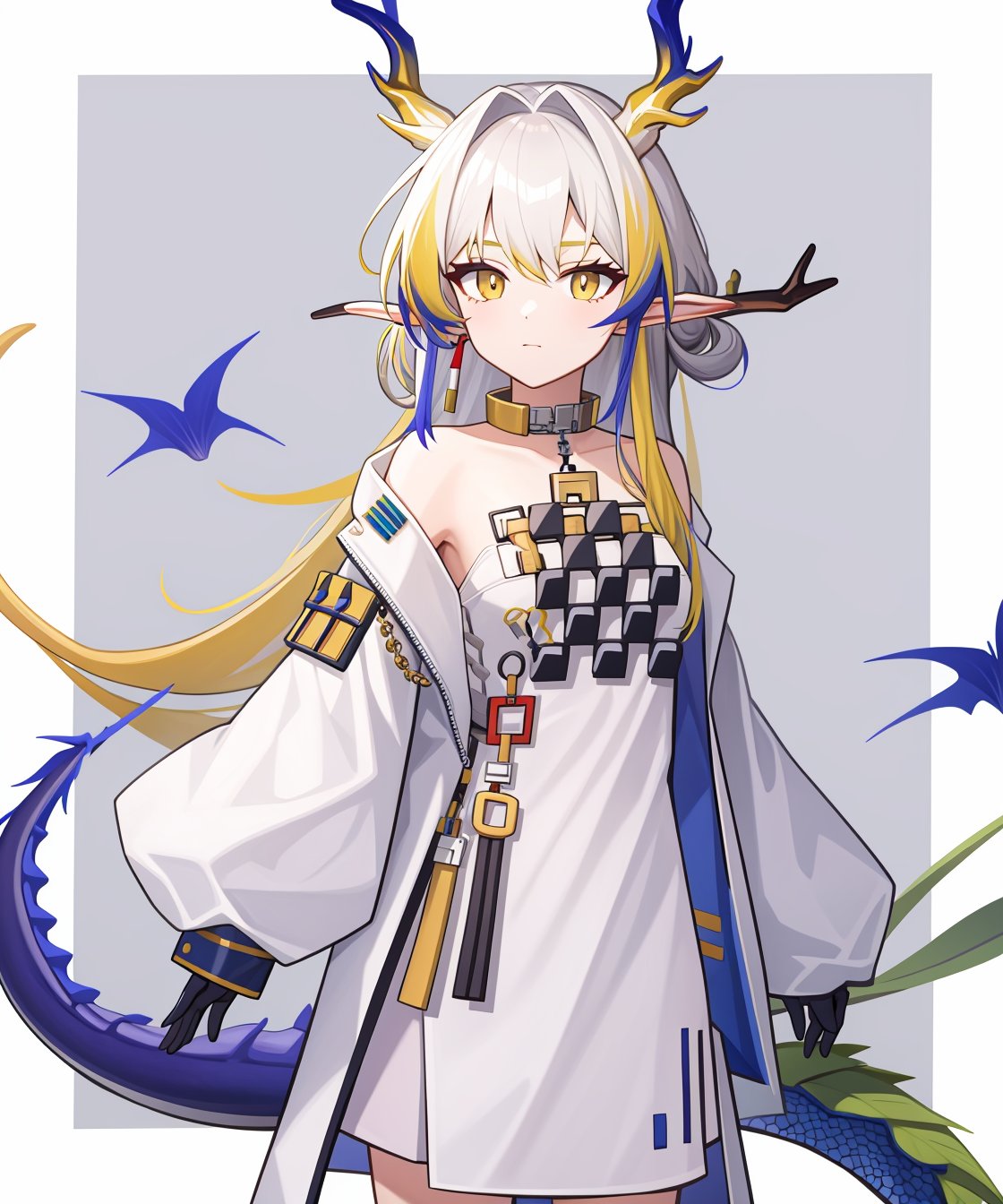 <lora:方舟黍:1:lbw=char>,1girl,shu(/arknights),horns,high quality,long sleeves,white dress,yello gloves,white coat,dragon tail,tail,jewelry,solo,, (masterpiece,best quality:1.2),absurdres, high quality,