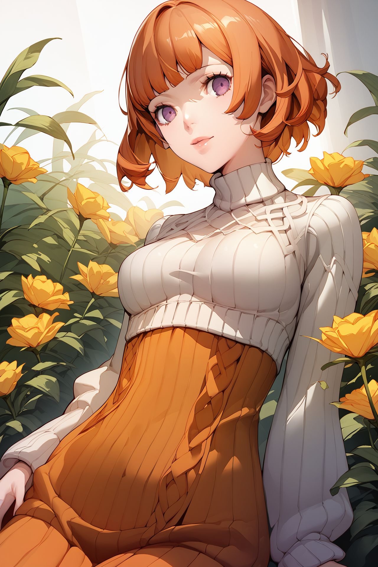 score_9, score_8_up, score_7_up, 1girl, :D, looking at viewer, orange hair, short_fringe, light_purple eyes, breasts, sweater dress, Dianthus_caryophyllus \(flower\), yellow_background <lora:Soejima_Shigenori_PonyXL_style_v01:1>