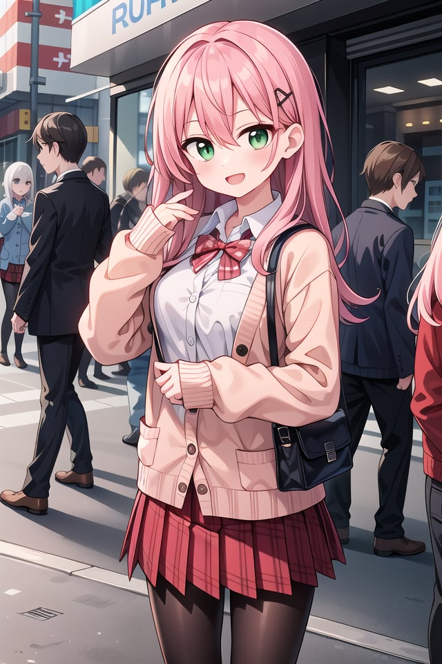 insanely detailed, absurdres, ultra-highres, ultra-detailed, best quality,1girl, solo, nice hands, perfect handsBREAK(School Uniforms:1.2), (pink cardigan is fit body:1.4), ((do up a buttons, not loose):1.5), ((long sleeve, sleeves past wrists):1.2), (inner wear is white collared-shirt:1.3), (red plaid-pattern bow:1.3), (red plaid-pattern pleated skirt:1.3), ((dark-brown pantyhose, loafers):1.2), (nsfw:-1.5)BREAKhappy smile, laugh, open mouthBREAK,standing, cowboy shot, looking at viewerBREAKslender, kawaii, perfect symmetrical face, ultra cute girl, ultra cute face, ultra detailed eyes, ultra detailed hair, ultra cute, ultra beautifulBREAKshibuya, akihabara, tokyo, street, crowd, cityscape, depth of field, ultra detailed backgroundBREAKmedium breastsBREAKred hair, green eyes, long hair, hair between eyes