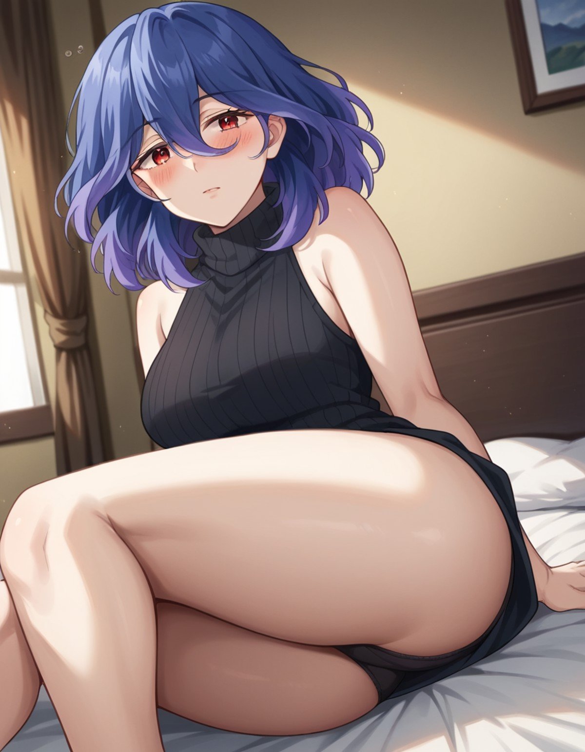 score_9, score_8_up, score_7_up, source_anime,vermeil, <lora:vermeil-s1-ponyxl-lora-nochekaiser:1>,vermeil, red eyes, hair between eyes, blue hair, purple hair, multicolored hair, medium hair,sweater, bare shoulders, sleeveless, turtleneck, black sweater, thighs,indoors, bed, bed room, on side, blush, drunk,looking at viewer, cowboy shot, solo, dutch angle,