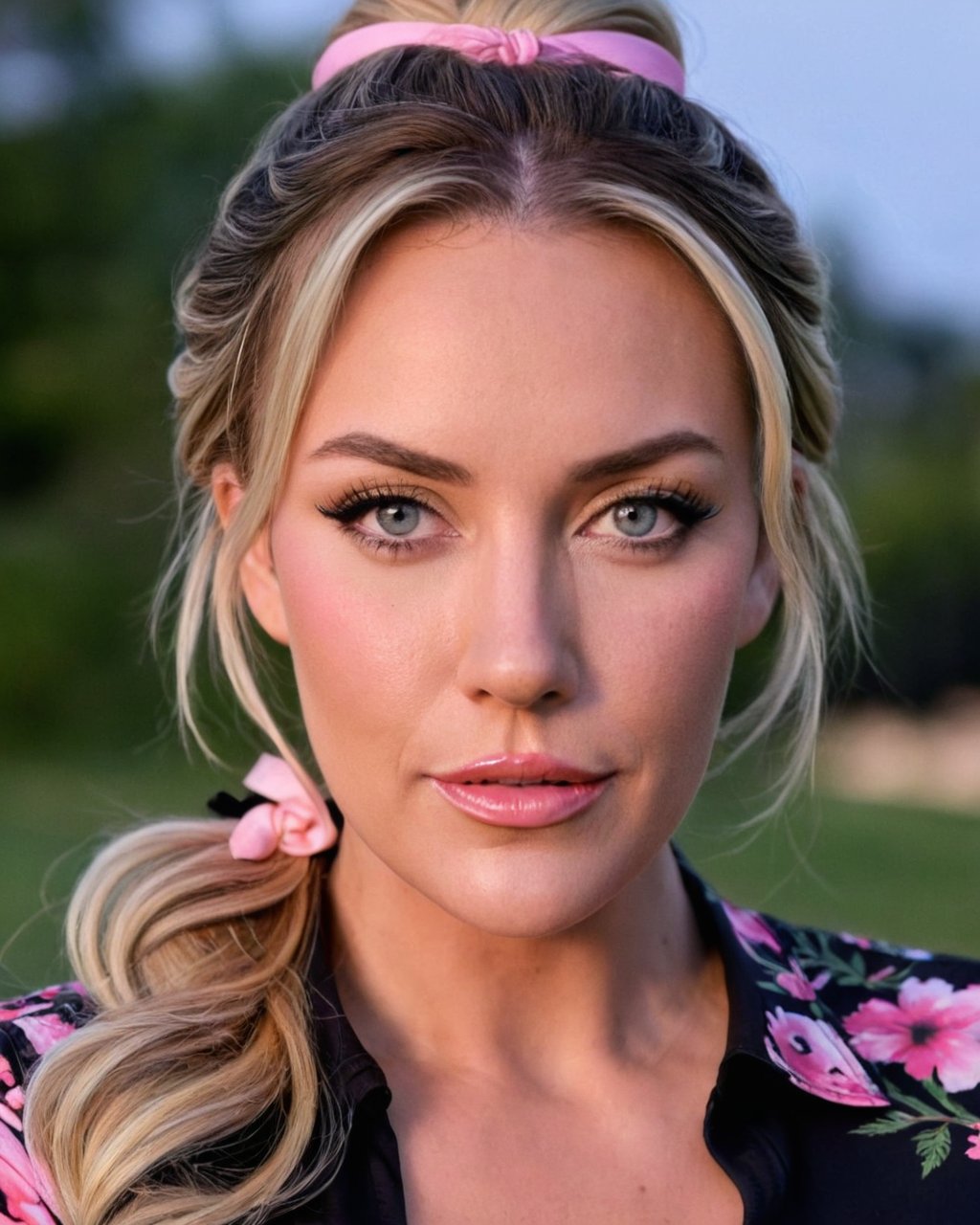 paige_spiranac,  <lora:PaigeSpiranacXL:1>,looking at viewer,  long hair, ribbon, jewelry, upper body, short sleeves, earrings, outdoors, parted lips, teeth, hair bun, black shirt, night, depth of field, blurry background, floral print, armband, pink ribbon, realistic, print shirt, photo background, ((perfect eyes, detailed eyes,realistic eyes)), ((sharp face, detailed face, realistic face, naturtal skin, realistic skin, detailed skin, pores))