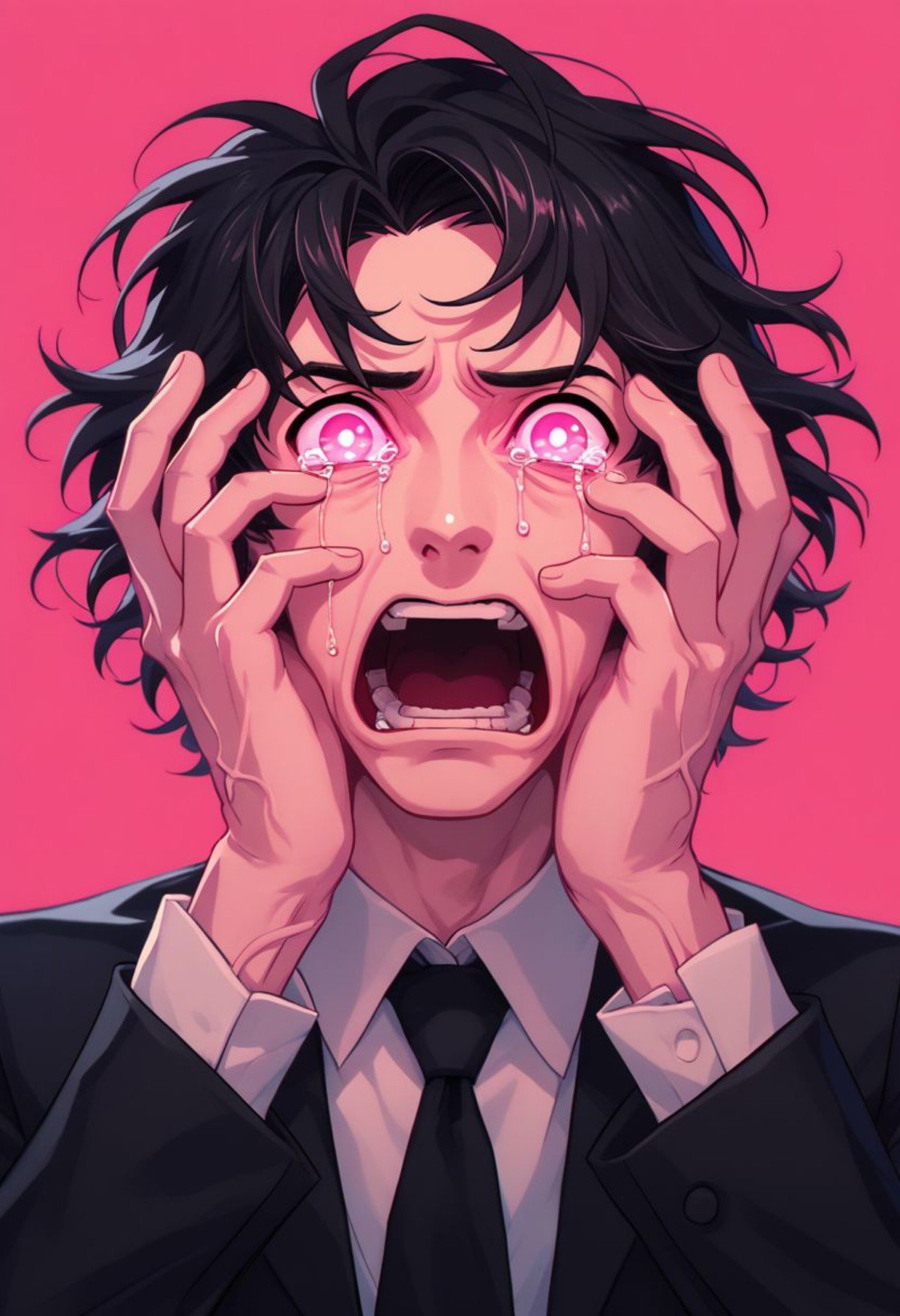 did vaporwave style, 1boy, male focus, solo, open mouth, hands on own face, tears, black hair, glowing, necktie, veins, pink background, simple background, looking at viewer, pink eyes,  zPDXL2