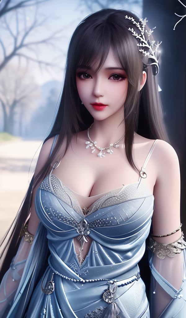 <lora:644-DA-神印王座-圣采儿-TYPE1:0.8>(,1girl, ,best quality, ),looking at viewer,  ,, ultra detailed background,ultra detailed background,ultra realistic 8k cg,,masterpiece, (( , )), fiction,mole,  ,     ,see-through, lace, (cleavage),(((, solo, sun, , bare_tree, )))