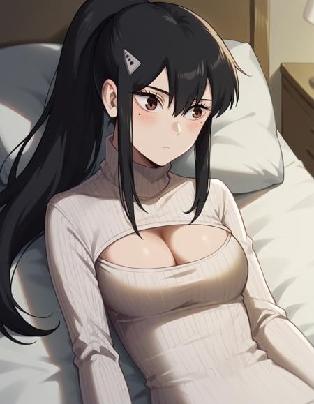 score_9, score_8_up, score_7_up, source_anime, <lora:mina-ashiro-s1-ponyxl-lora-nochekaiser:1>, mina ashiro, long hair, black hair, hair ornament, brown eyes, ponytail, mole, mole under eye,, <lora:open-chest-sweater-ponyxl-lora-nochekaiser:1>, open-chest sweater, ribbed sweater, cleavage cutout, meme attire, clothing cutout, turtleneck, sweater dress, cleavage, clothes tug, sweater pull, cleavage reach,, indoors, bed, bed room, blush, on bed, on back, , cowboy shot, dutch angle