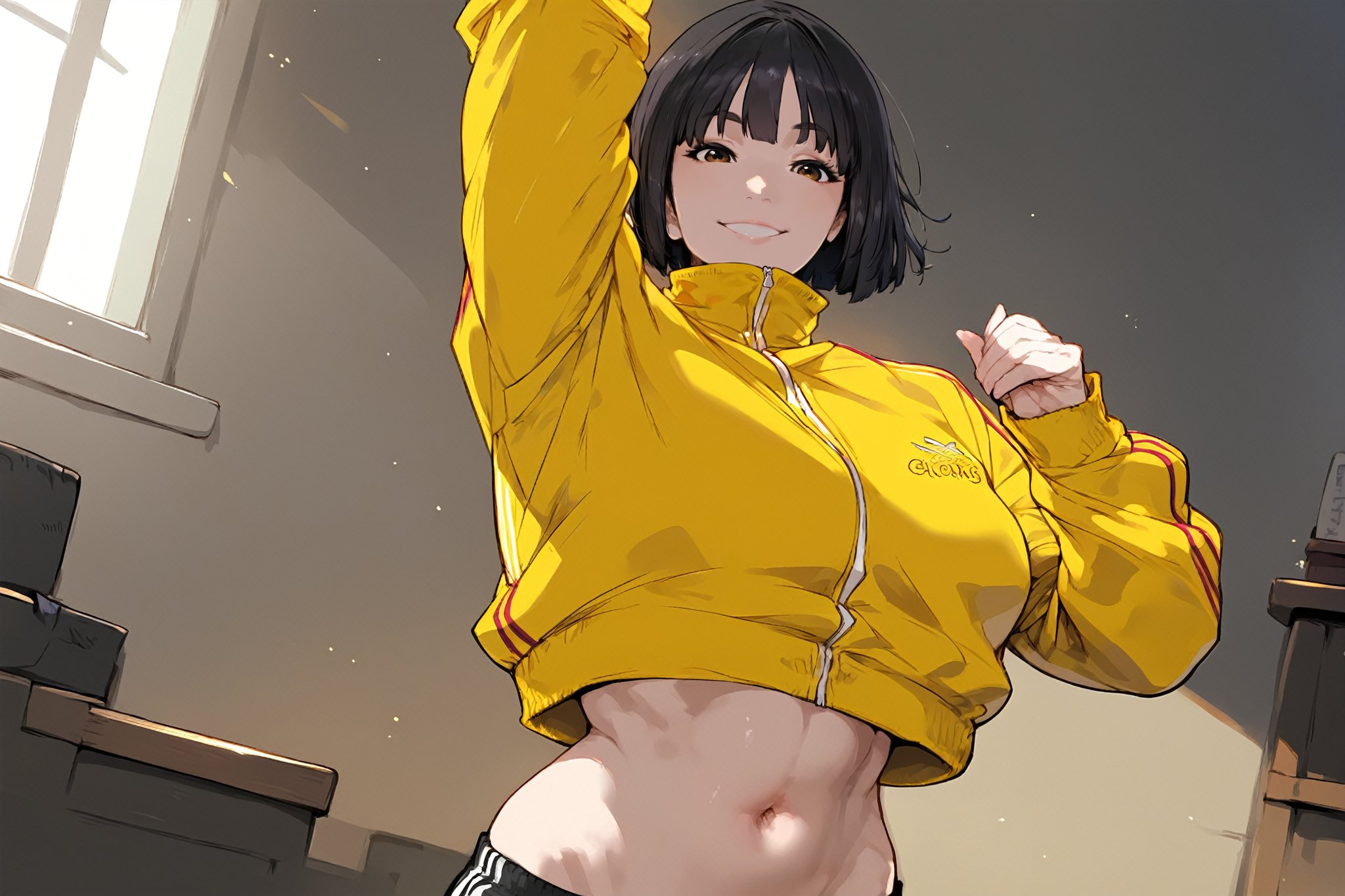 score_9, score_8_up, score_7_up, Expressiveh, 1girl, GaeulVH, pale skin, cowboy shot, bob cut, short hair, black hair, brown eyes, female_solo, fully clothed, school background, jacket, track jacket, yellow jacket, unzipped jacket, open jacket, track shorts, glitter, mirham, EnimPny, smile, sharp focus, stretching, dutch_angle, head tilt, half-closed-eyes, crop jacket, cropped jacket, navel, toned,navel focus<lora:EMS-333650-EMS:0.800000>, <lora:EMS-316625-EMS:0.800000>, <lora:EMS-349113-EMS:0.800000>, <lora:EMS-382392-EMS:0.800000>, <lora:EMS-379733-EMS:0.600000>, <lora:EMS-366813-EMS:0.800000>