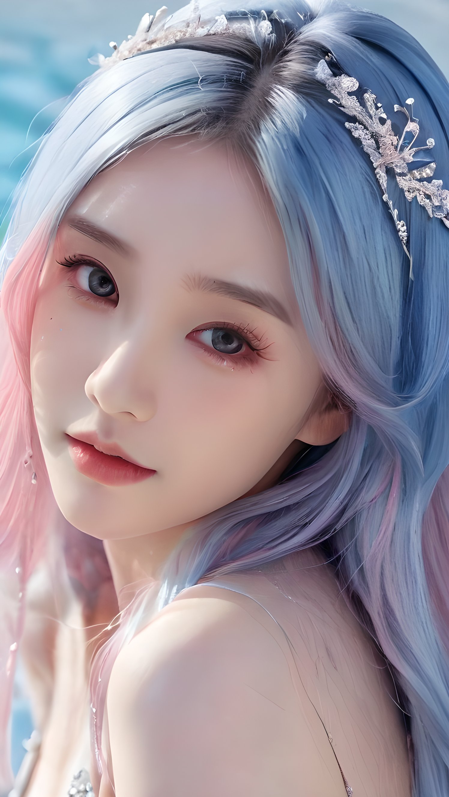 yanshangyue, 1girl, solo, xiaowu, BIG EYES, xxmix girl woman, <(masterpiece, realistic:1.3), (extremely intricate:1.2)>, portrait of a girl, sliver gradient hair, (sliver hair:1.1), (light blue hair:1.1), (pink hair:1.2), ((solid color background:1.3)), beautiful detailed glow, (detailed ice), beautiful detailed water,  <lora:molixl3:0.6>