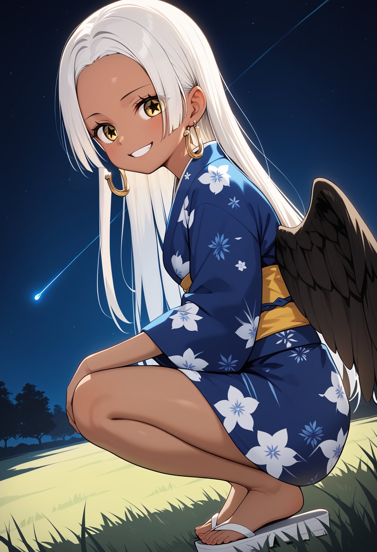 score_9, score_8_up, score_7_up, score_6_up, score_5_up, score_4_up, source_anime, aasnake, long hair, white hair, dark skin, earrings, yellow eyes, symbol-shaped pupils, black wings, small breasts, <lora:s-snake_ponyxl_v1:0.9>, night, grass, squatting, yukata, japanese clothes, floral print, from side, smile, looking at viewer