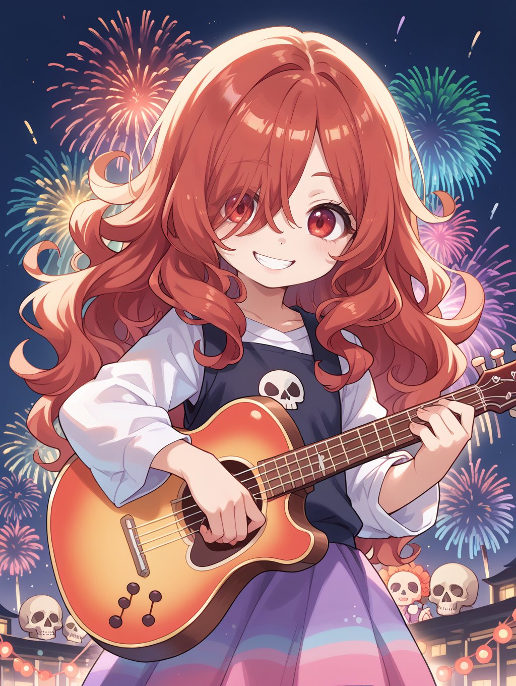 score_9, score_8_up, score_7_up,source_anime,BREAKperson, (coco:1.2), fireworks, animation hd wallpaper,colorful dog, instrument, skull,red hair, hair over one eye,medium long hair,wavy hair,red eyes,sparkling,smile,colorful,kawaii, flat colors, thick outline