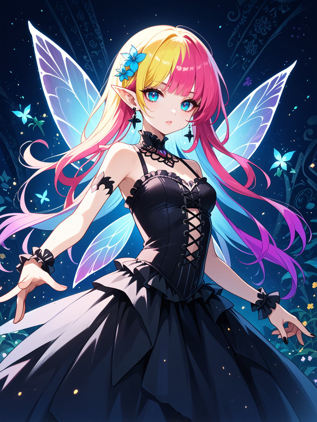 score_9, score_8_up, score_7_up,source_anime,adult gothic fairy with colorful hair, (sexy pose: 1.1), fantastical cornflower blue themed background, ultra sharp, glowing particles