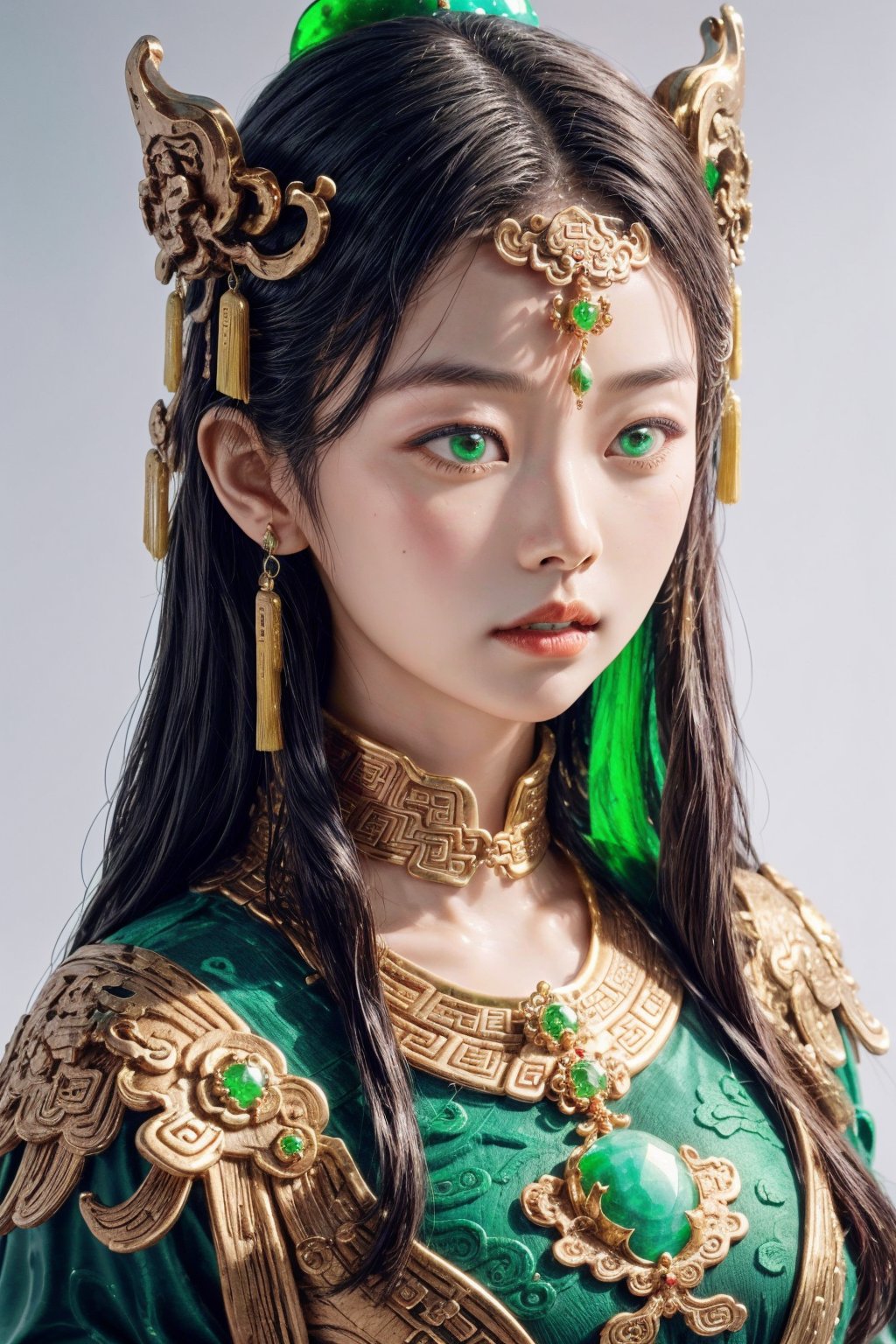 1girl,(cowboy shot:1.3),(chinese clothes:1.3),collar,jade,jade statue,porcelain skin,porcelain face,porcelain,green gemstone,colored skin,<lora:少女日记1.0_v4-000016:0.6>,<lora:add_more_details:0.4>,<lora:逃离博物馆-玉美人1.0_v4-000016:0.6>,simple background,blue and white porcelain,jewelry,gem,