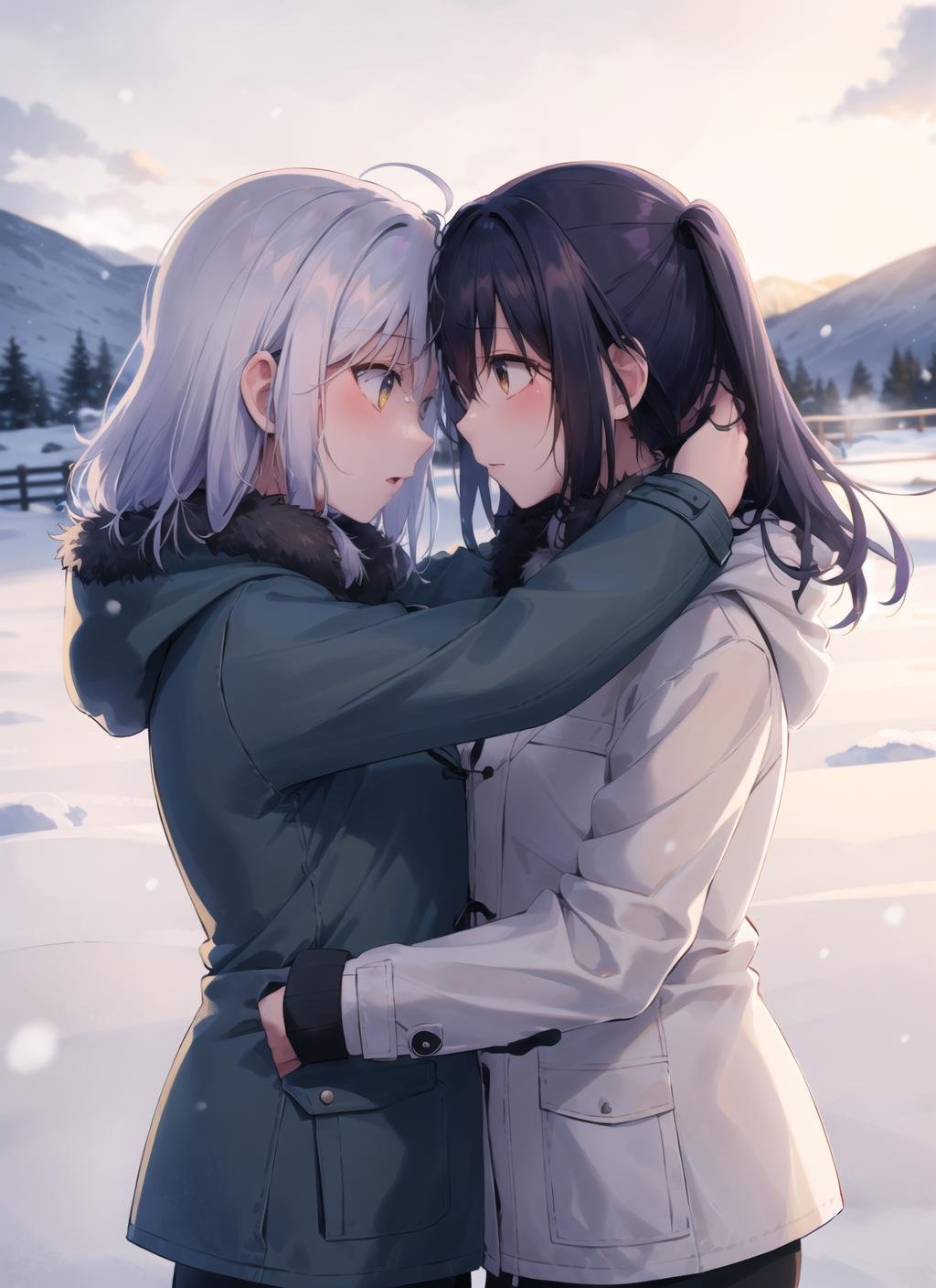 forehead-to-forehead, 2girls, yuri, outdoors, cloudy,  jacket, snow, snowing,    <lora:forehead-to-forehead_v2_b-000008:0.8>