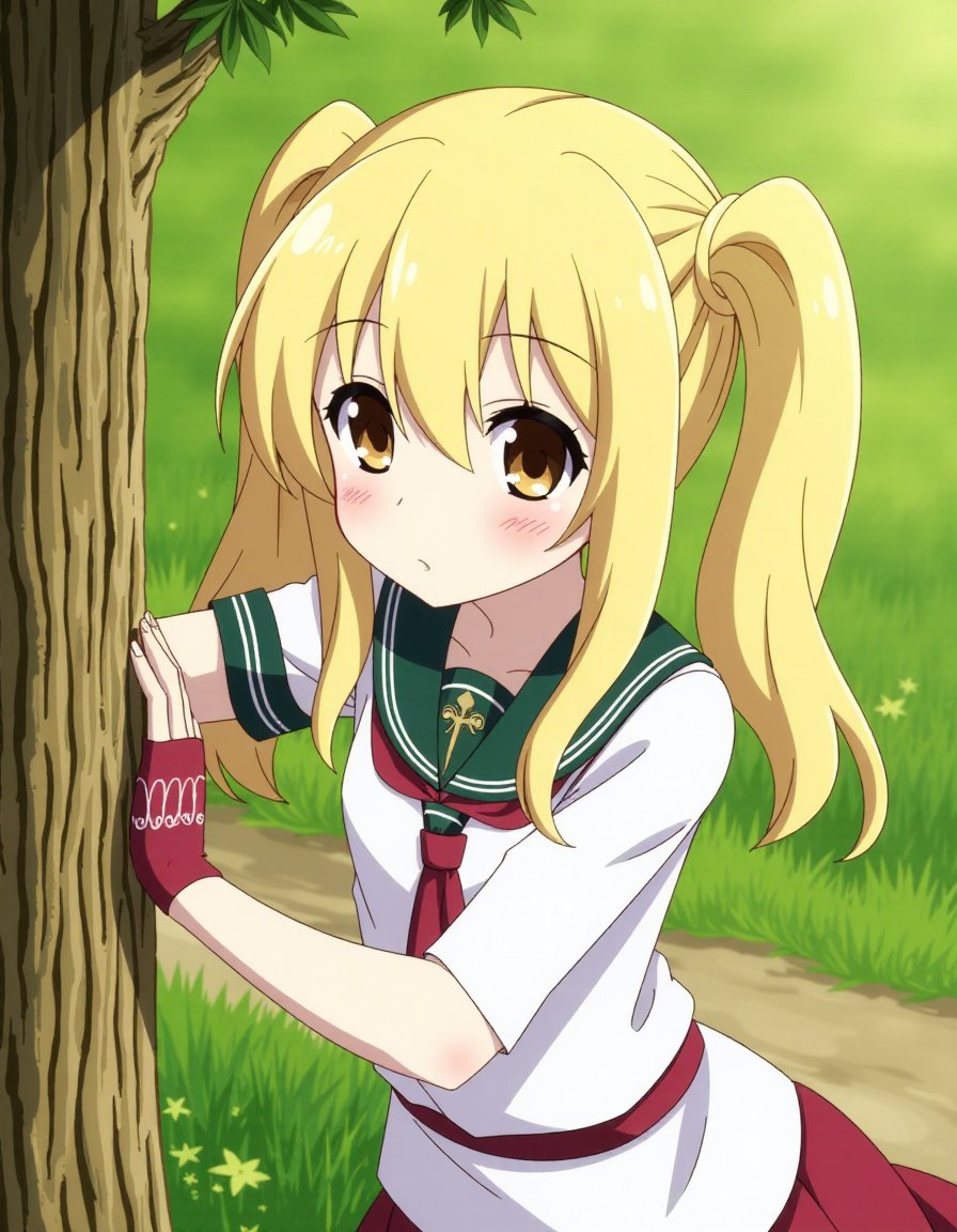 <lora:animestyle_r1:1>finetuneanime,1girl, blonde hair, solo, twintails, tree, brown eyes, upper body, closed mouth, outdoors, gloves