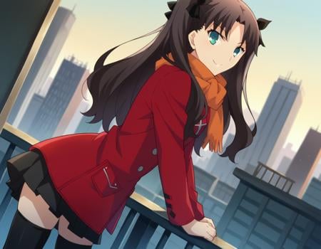 score_9, score_8_up, score_7_up, source_anime,rintohsaka, <lora:rin-tohsaka-ubw-ponyxl-lora-nochekaiser:1>,rin tohsaka, aqua eyes, black hair, hair ribbon, long hair, ribbon, sidelocks, two side up, parted bangs,skirt, thighhighs, long sleeves, pleated skirt, black thighhighs, black skirt, scarf, zettai ryouiki, coat, red coat, orange scarf,outdoors, cityscape, smile, bent over,looking at viewer, dutch angle, cowboy shot,