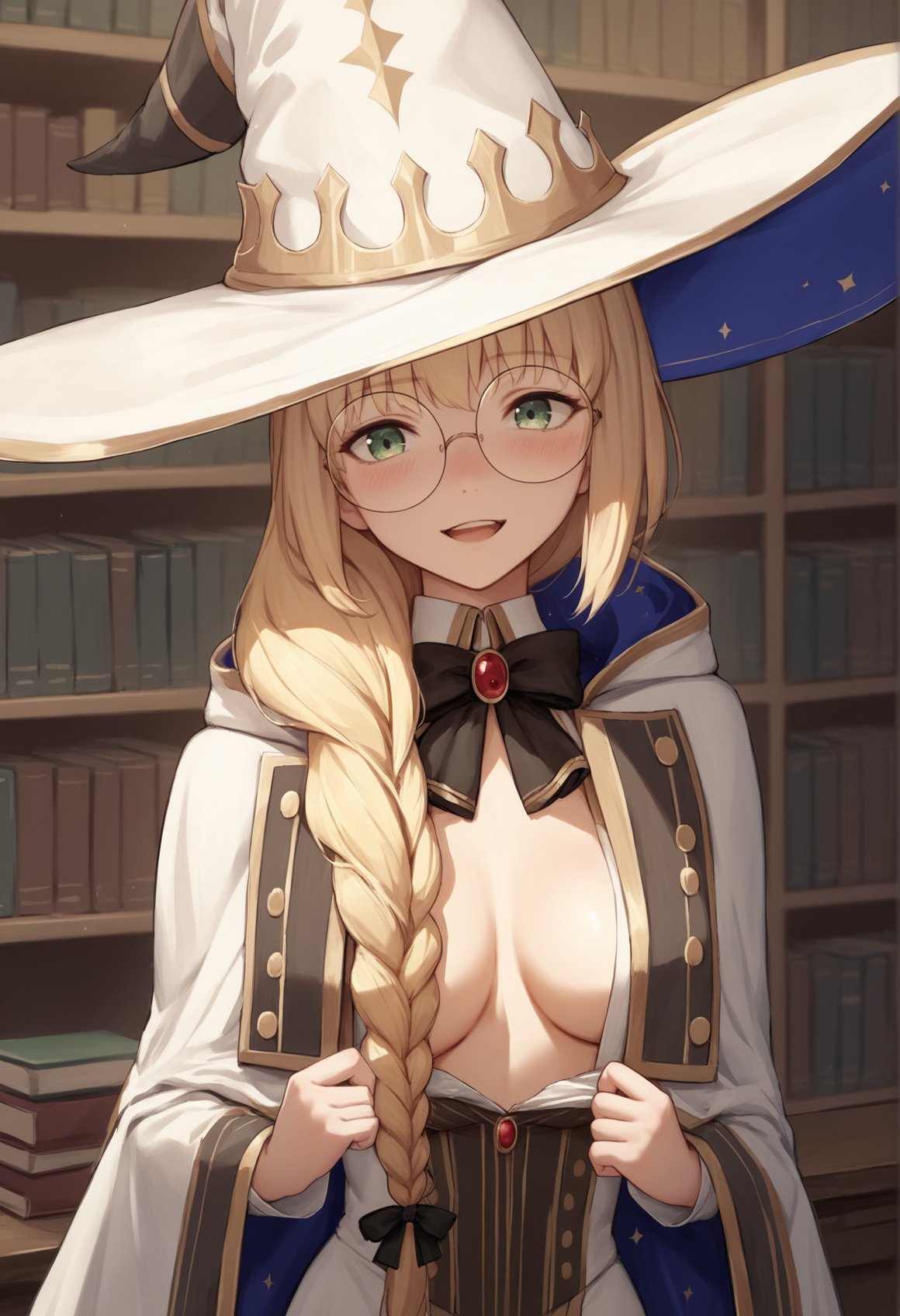 1girl, blonde hair, long hair, green eyes, braid, glasses, round eyewear, black bow, gold trim, witch hat, pantyhose, long sleeves, white sleeves, white robe, white cape, white cloak, indoors, library,  seductive smile, blushing, open mouth, undressing, open clothes, breasts, upper body <lora:Castoria:0.8>, score_9, score_8_up, score_7_up, score_6_up, score_5_up, score_4_up, BREAK source_anime, masterpiece