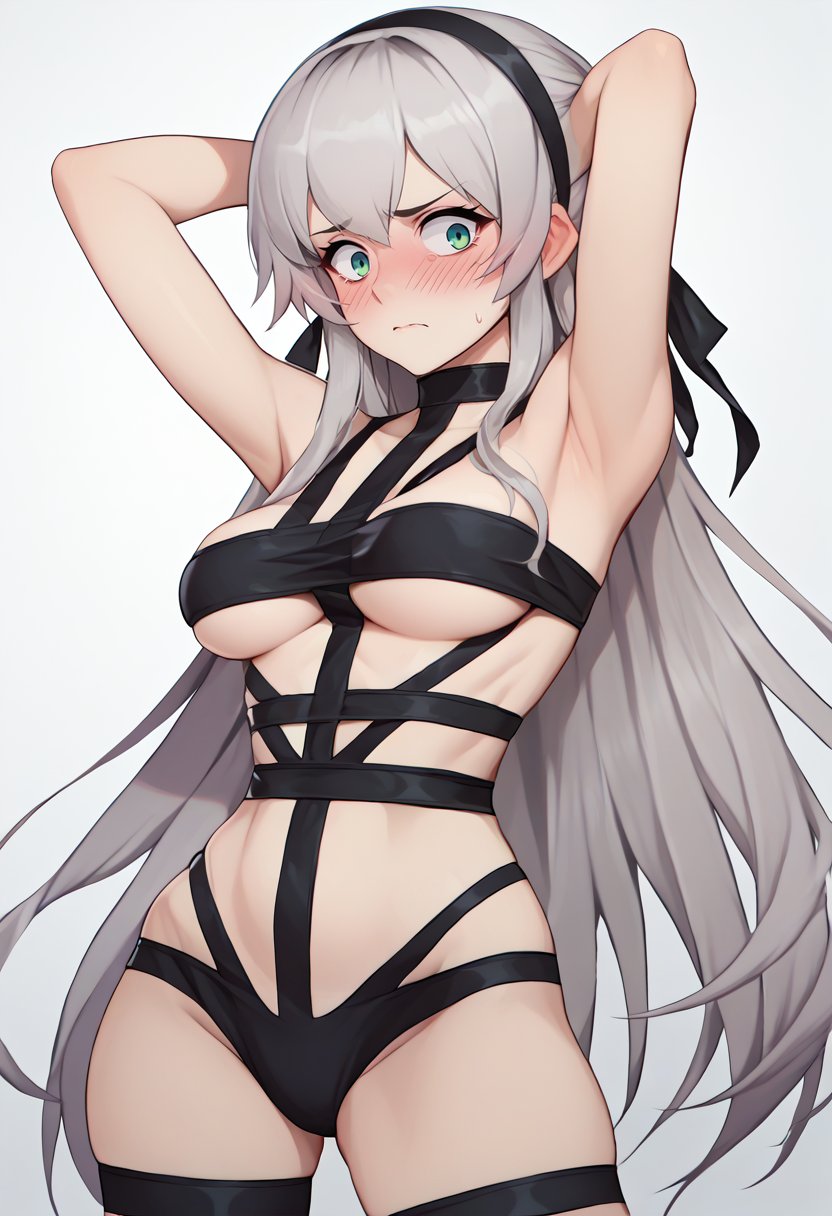 score_9, score_8_up, score_7_up, source_anime, solo, 1girl, zeroElie, blush, flustered, looking at viewer, standing, arms behind head, black hairband, hair ribbon, long hair, grey hair, hotlimit, revealing clothes, underboob <lora:elie-pdxl-nvwls-v1:0.9> <lora:attire_hotlimit_ponyXL:1>