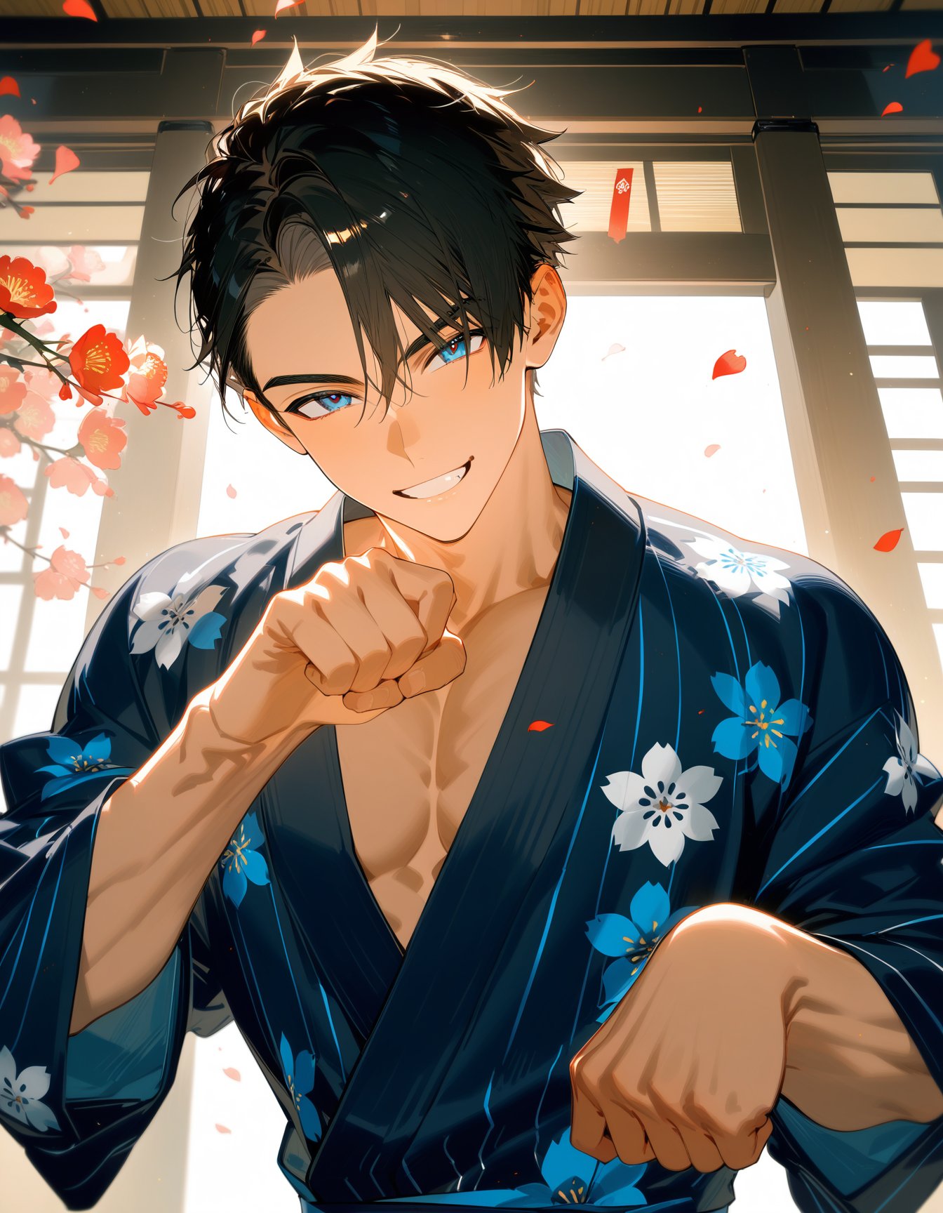 1boy, male focus, japanese clothes, yukata, muscular male, muscular, paw pose, solo, looking at viewer, grin, black hair, blue eyes, short hair, flower, petals, best quality, amazing quality, best aesthetic, absurdres