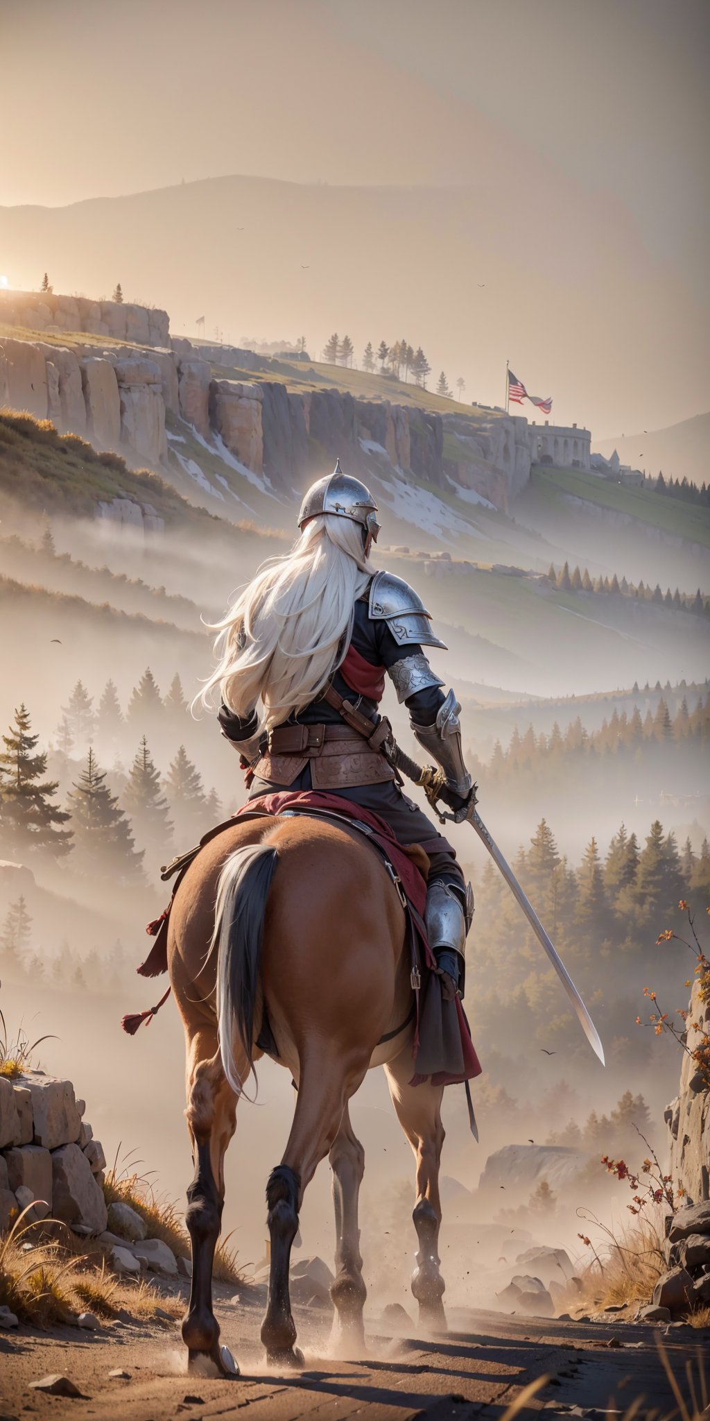 <lora:Shadowland V1.0:0.6>,Beautiful outdoor,outdoors,Shadowland,1boy,solo,white hair,helm,from behind,zoom layer,facing away,armor,horseback riding,holding weapon,holding sword,weapon,sword,standing,1other,, edge quality, perspective silhouette, 8k, best quality, masterpiece, extremely detailed, rule of thirds, photorealistic, superb, HDR, high resolution, sharp focus, photorealistic rendering, extremely detailed description, professional, gorgeous and intricate detail,