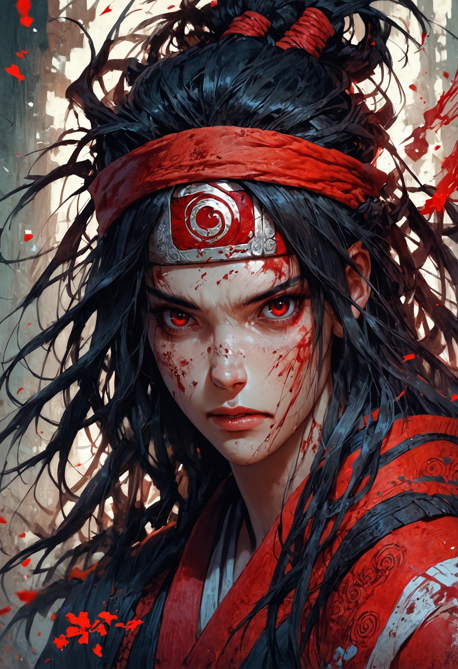 score_9, score_8_up, score_7_up, score_6_up, score_5_up, score_4_up,<lora:Fant5yP0ny:0.8>, 1girl, black hair, solo, blood, headband, red eyes, long hair, fantasy,solo focus,epic