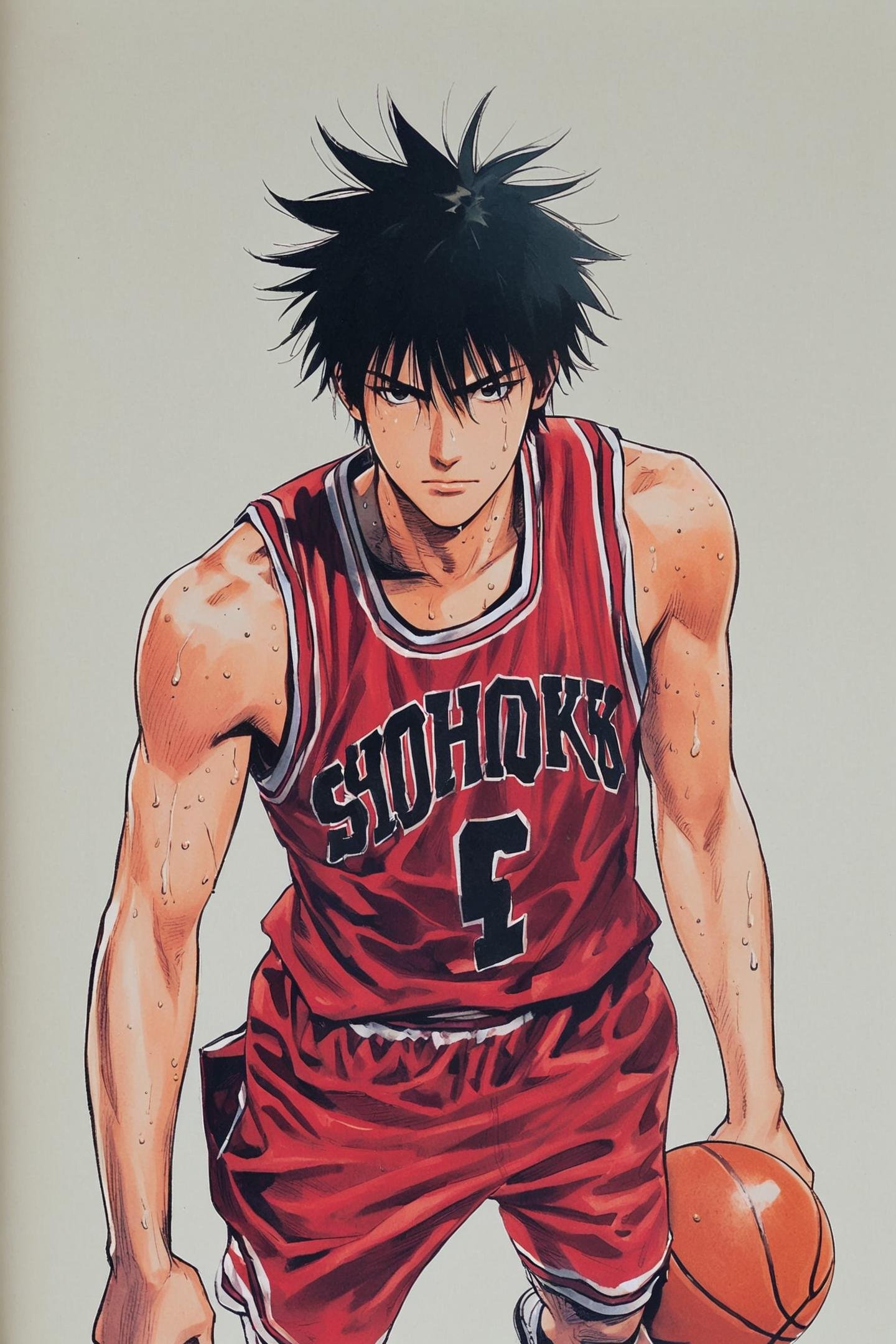 Rukawa Kaede,red basketball uniform,1boy,basketball,male focus,solo,sportswear,black hair,shoes,shorts,white background,full body,simple background,sneakers,sweat,holding,sleeveless,black footwear,red shorts,spiked hair,shirt,closed mouth,traditional media,sleeveless shirt,hair between eyes,bangs,black eyes,looking at viewer,serious,ball,holding ball,clothes writing,<lora:Inoue Takehiko_XL:0.8>,