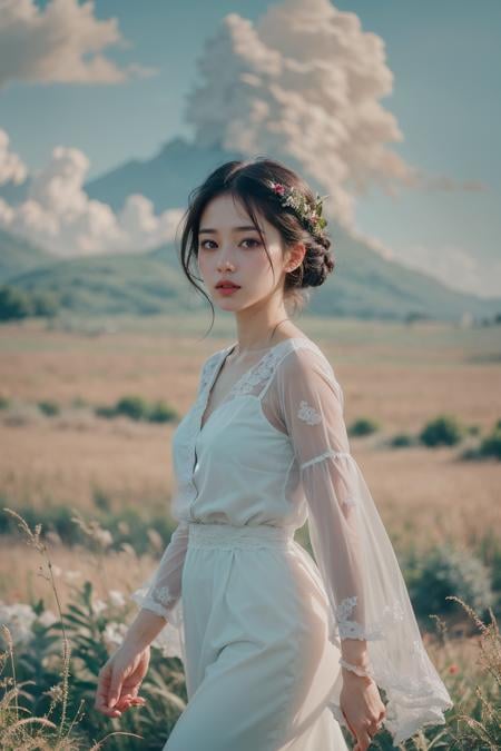 (realistic:1.3) , finely detailed, quality, (masterpiece:1.2) , (photorealistic:1.2) , (best quality) , (detailed skin:1.3) , (intricate details) , ray tracing, dramatic, 1 girl, (cute korean Ethereal Female), (film grain:1.2), Meadow, Sun, Clouds, Field, Farming, Starlight, Walking trail